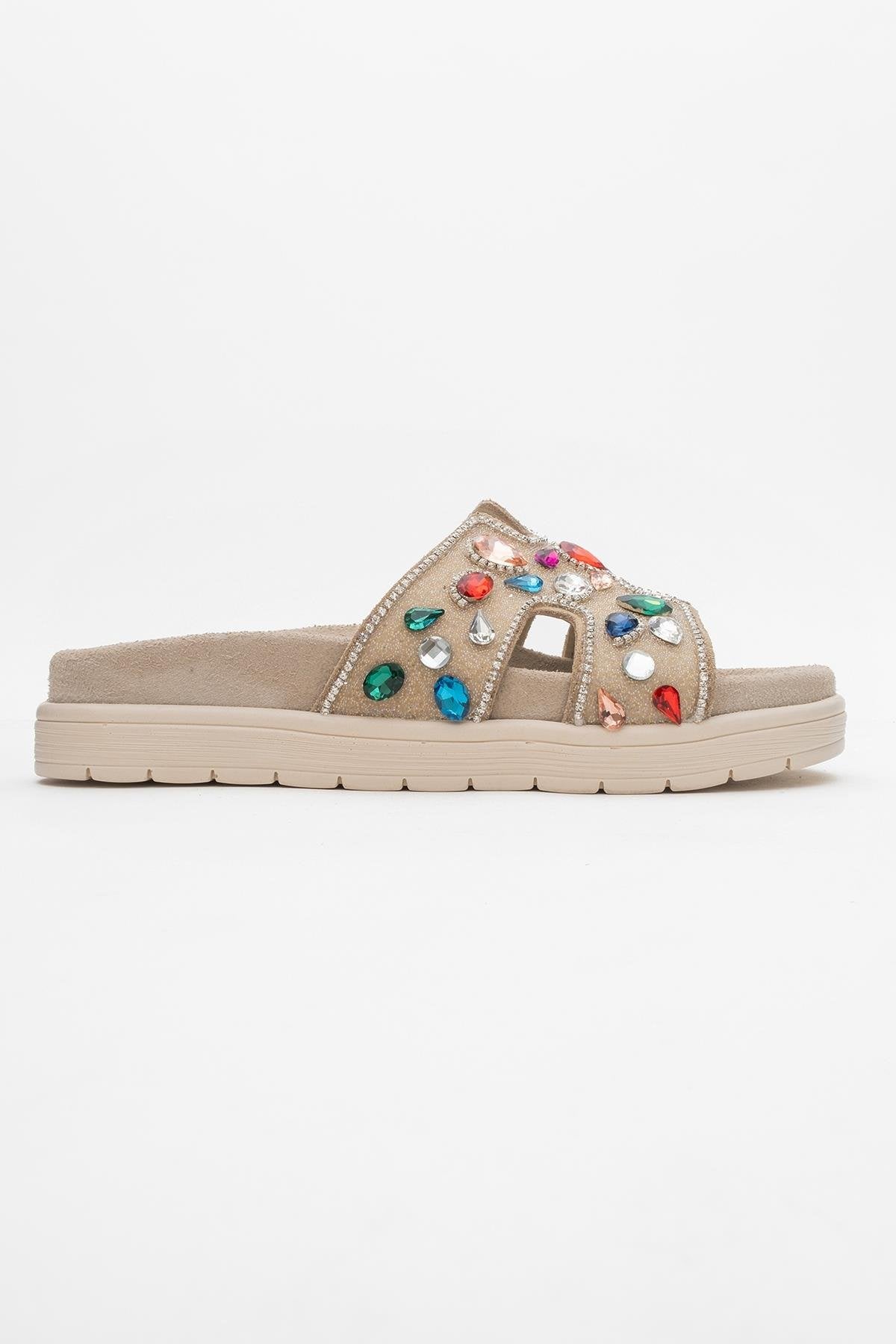 Denilla - Beige Leather Embellished Slide Sandal (Women)