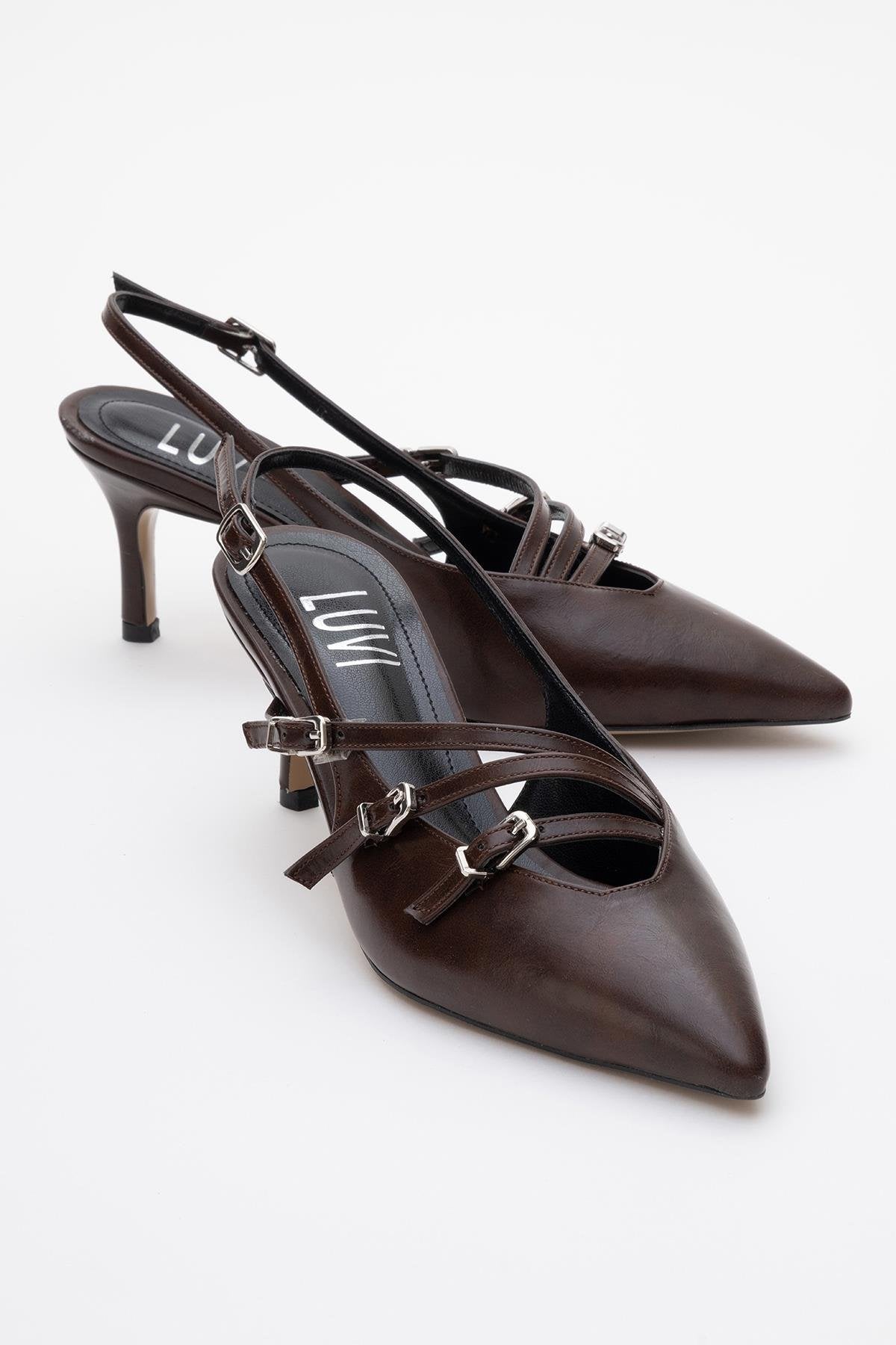 Magra Brown Cilt Pointed-Toe Slingback Stiletto (Women)