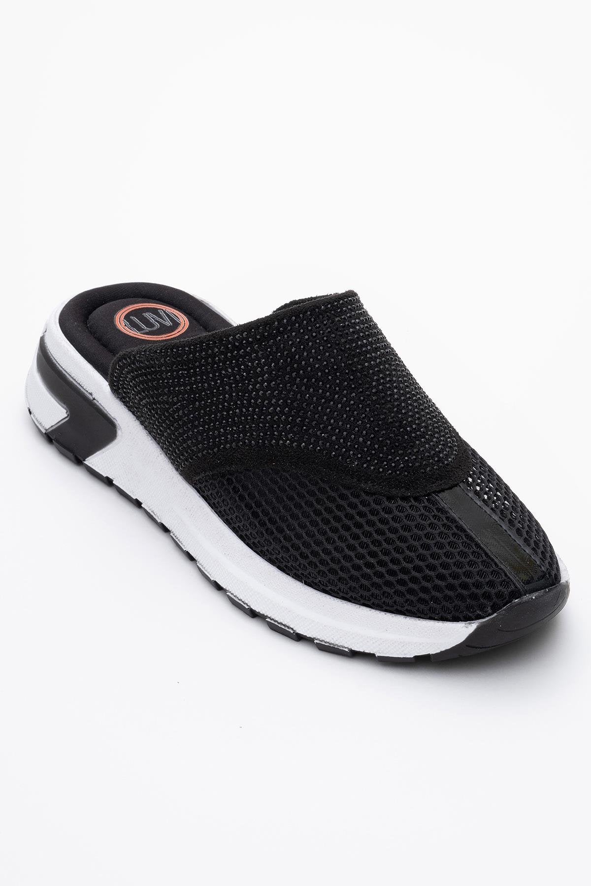 GLEA Black Mesh Rhinestone Mules (Women)