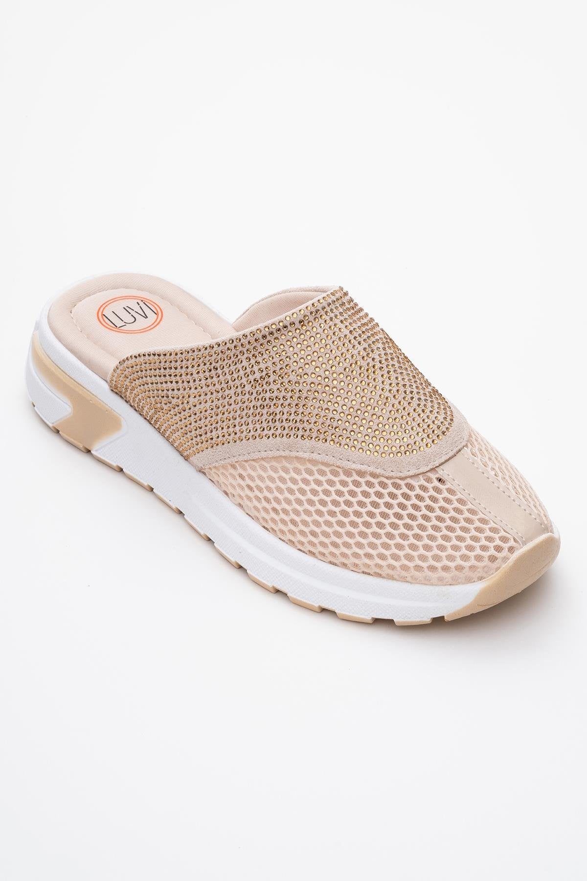 GLEA Beige Mesh Rhinestone Mules (Women)
