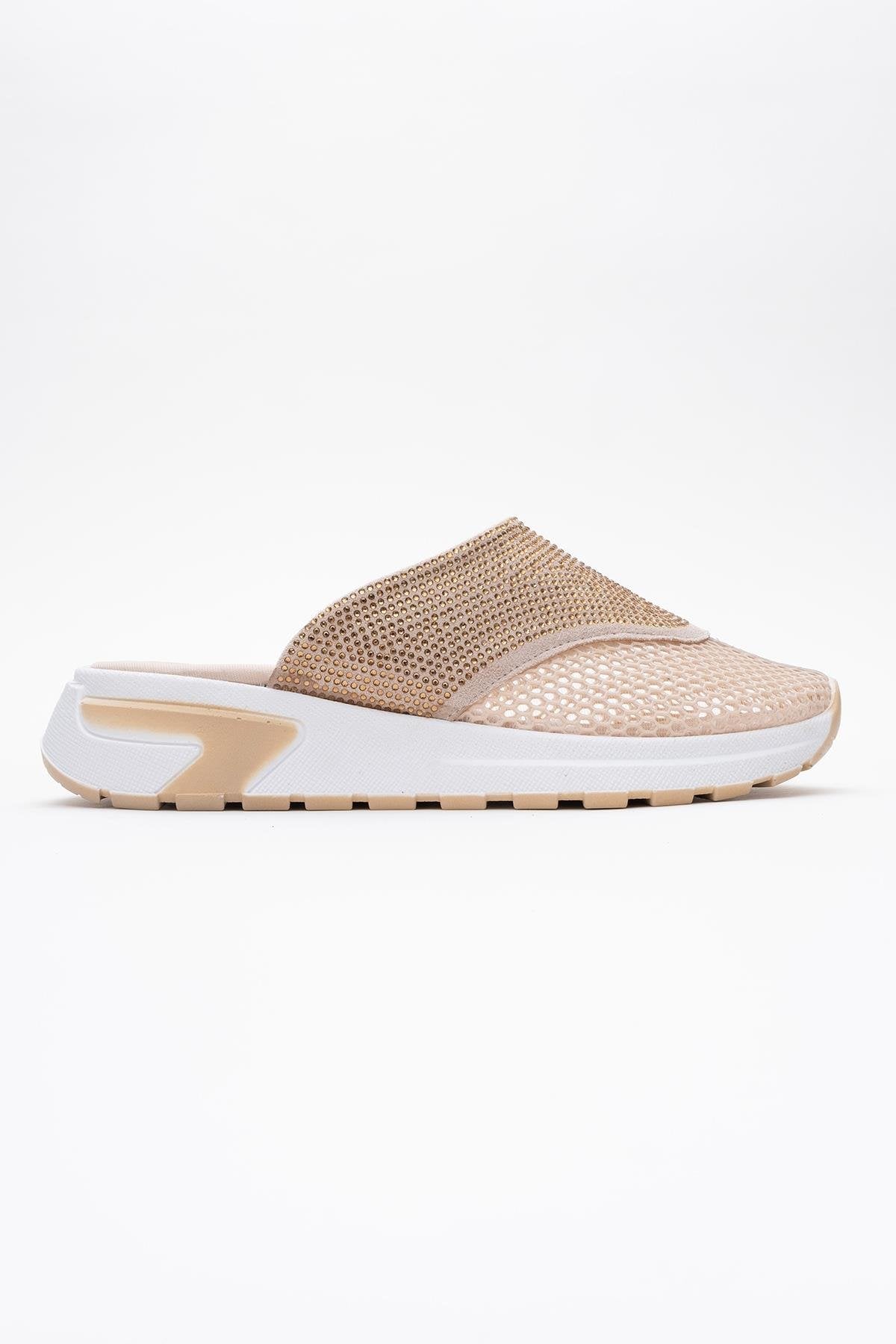 GLEA Beige Mesh Rhinestone Mules (Women)