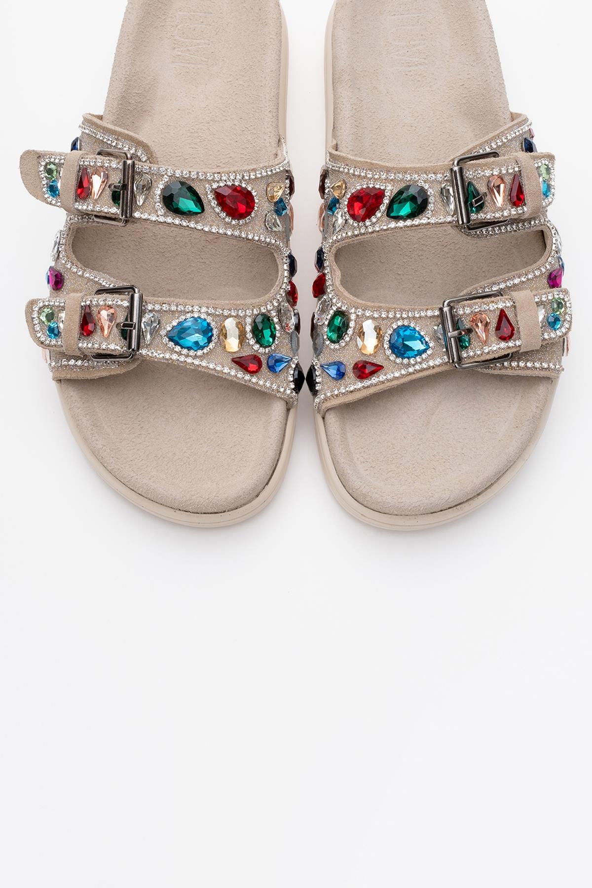 Jules - Beige Genuine Leather Double-Strap Jeweled Slide (Women)