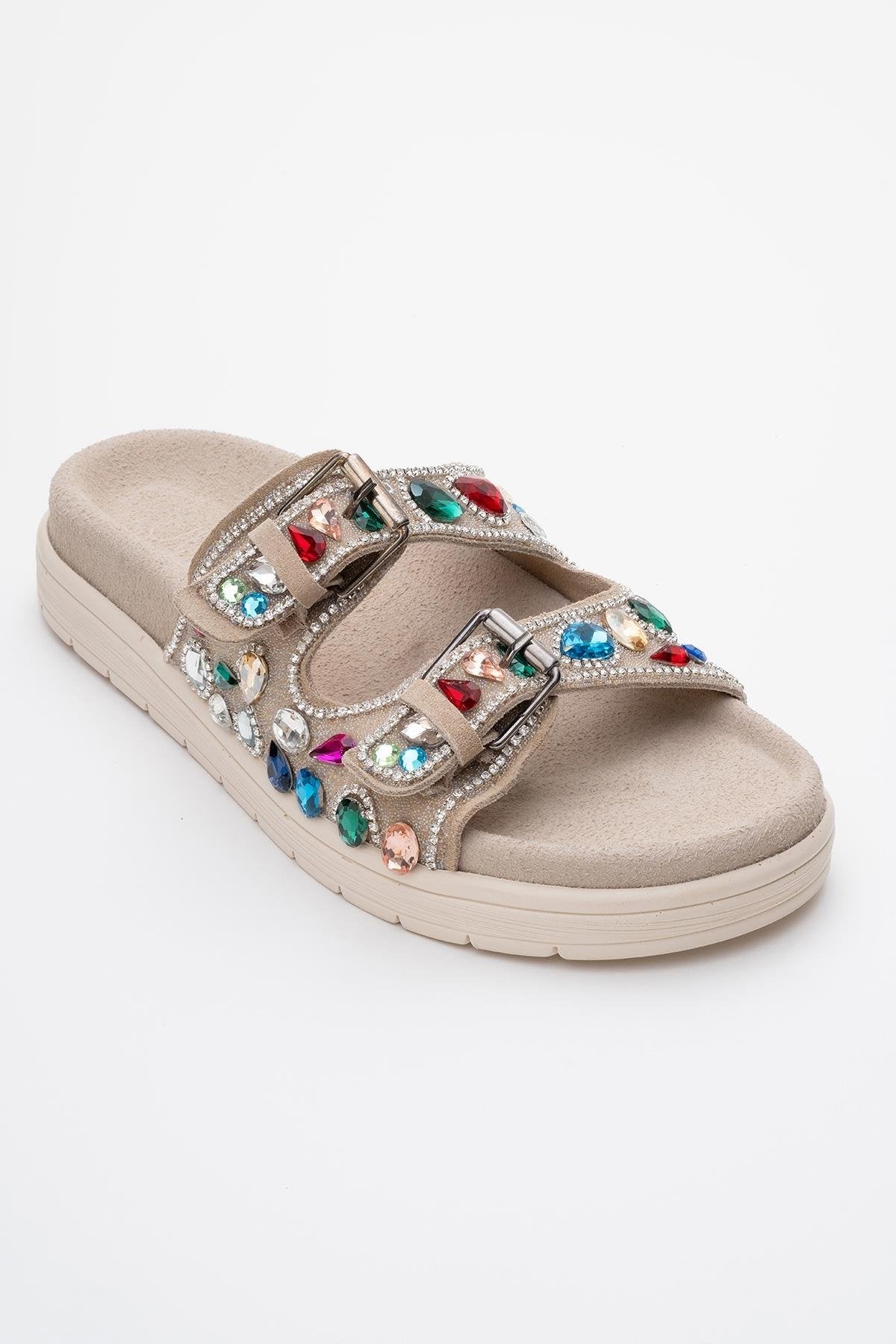 Jules - Beige Genuine Leather Double-Strap Jeweled Slide (Women)
