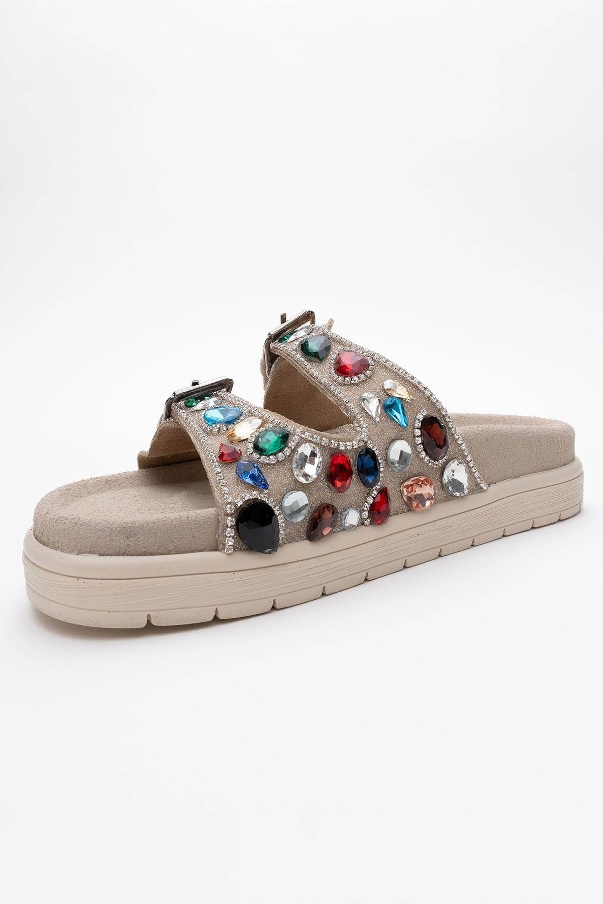 Jules - Beige Genuine Leather Double-Strap Jeweled Slide (Women)