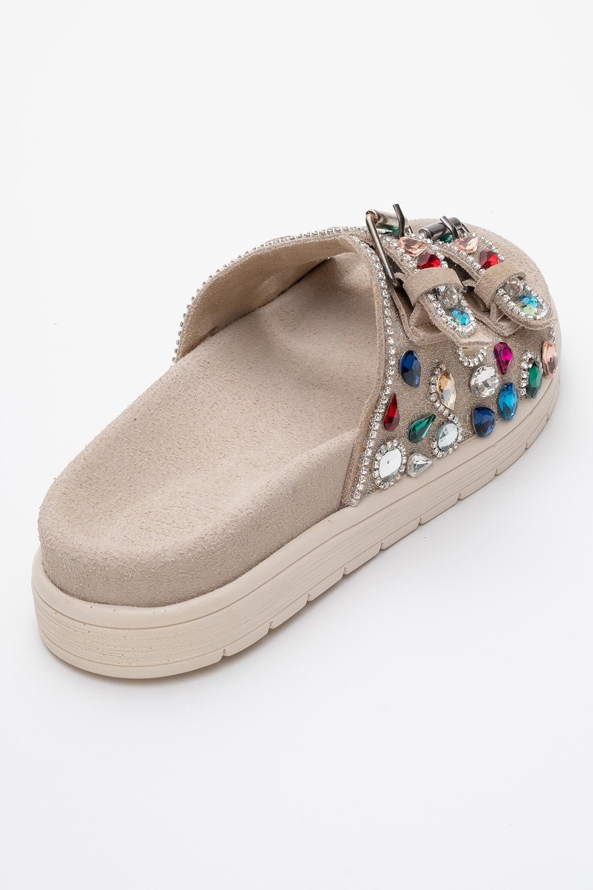 Jules - Beige Genuine Leather Double-Strap Jeweled Slide (Women)