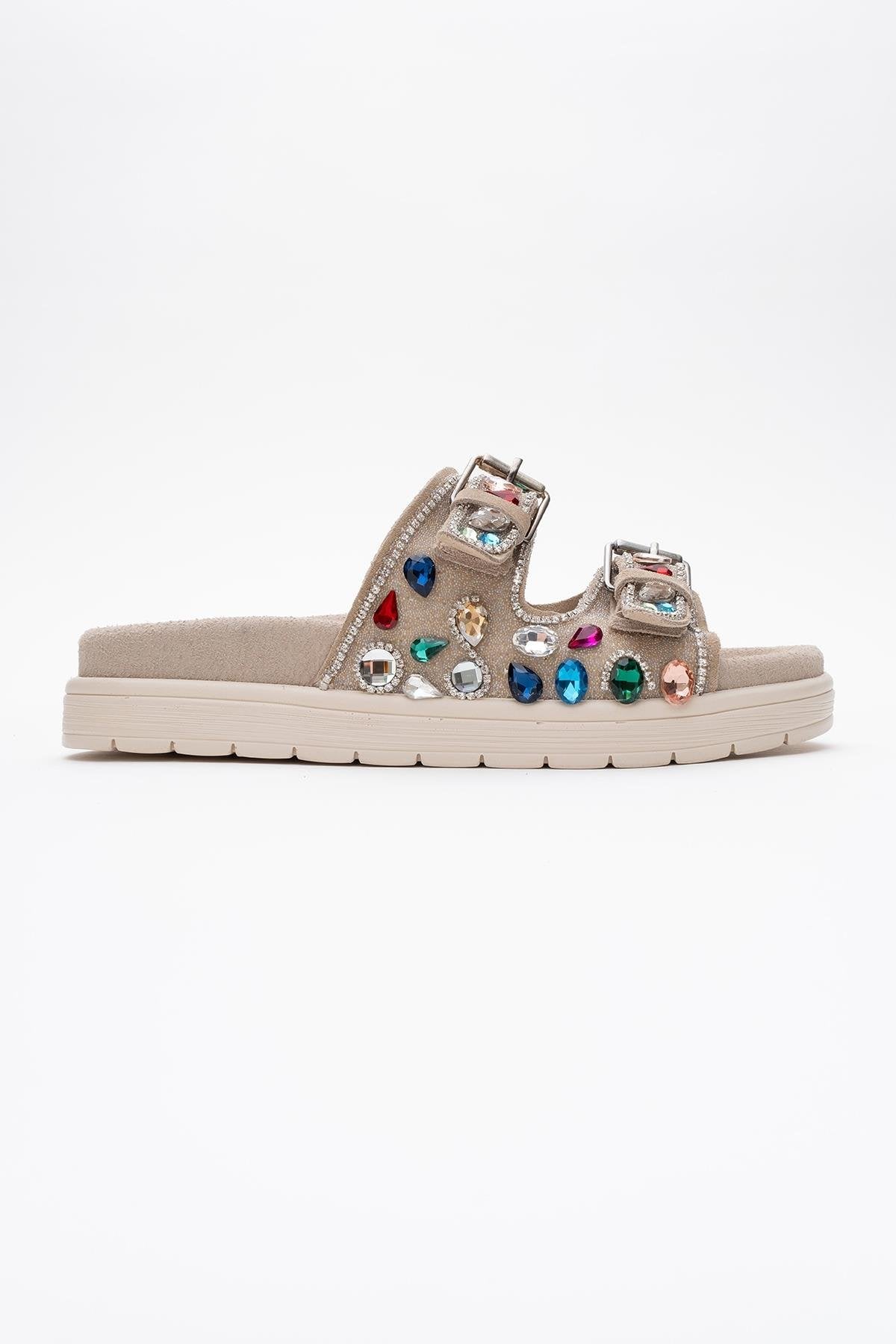 Jules - Beige Genuine Leather Double-Strap Jeweled Slide (Women)