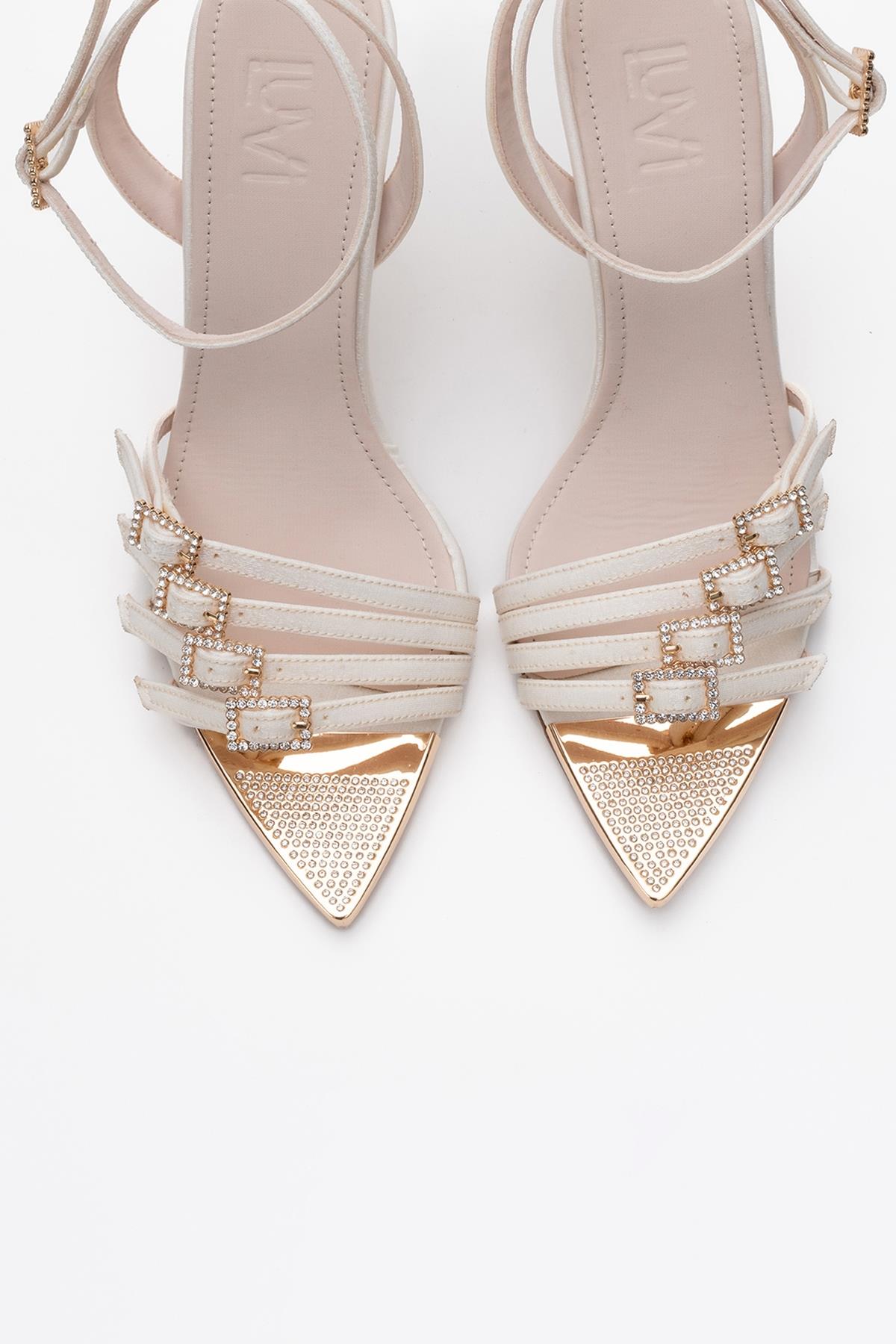 Auro - Beige Satin Jeweled Buckle Heeled Shoe (Women)