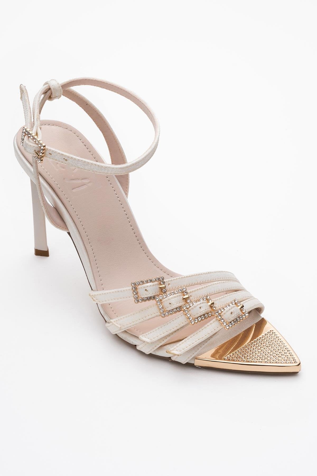 Auro - Beige Satin Jeweled Buckle Heeled Shoe (Women)