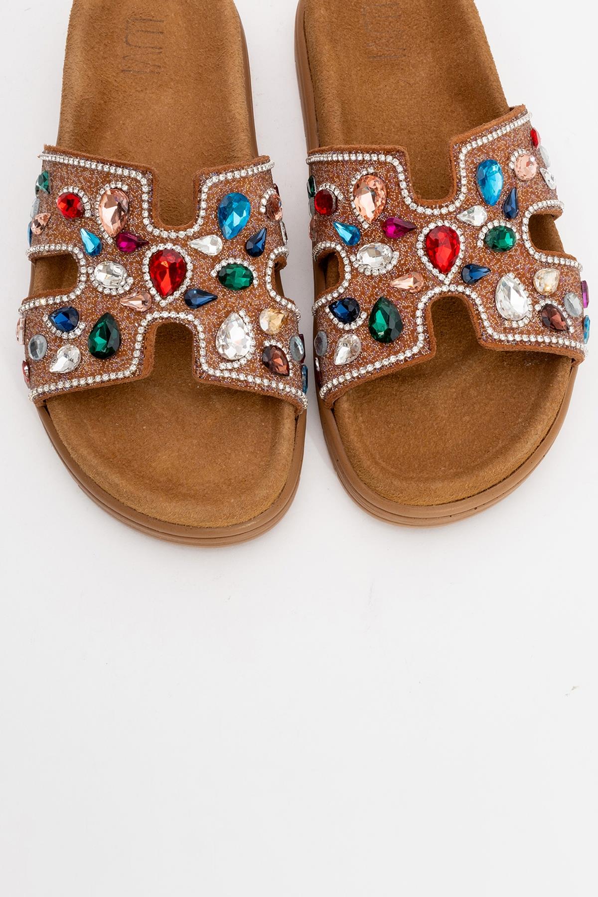 Brave - Cognac Genuine Leather Embellished Slide (Women)