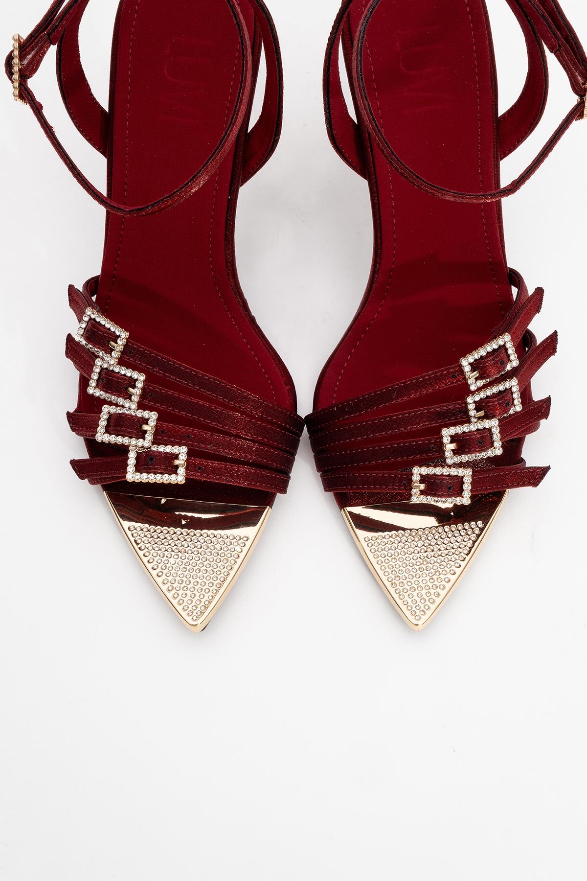 Auro - Burgundy Satin Embellished Buckled High Heel Pump (Women)