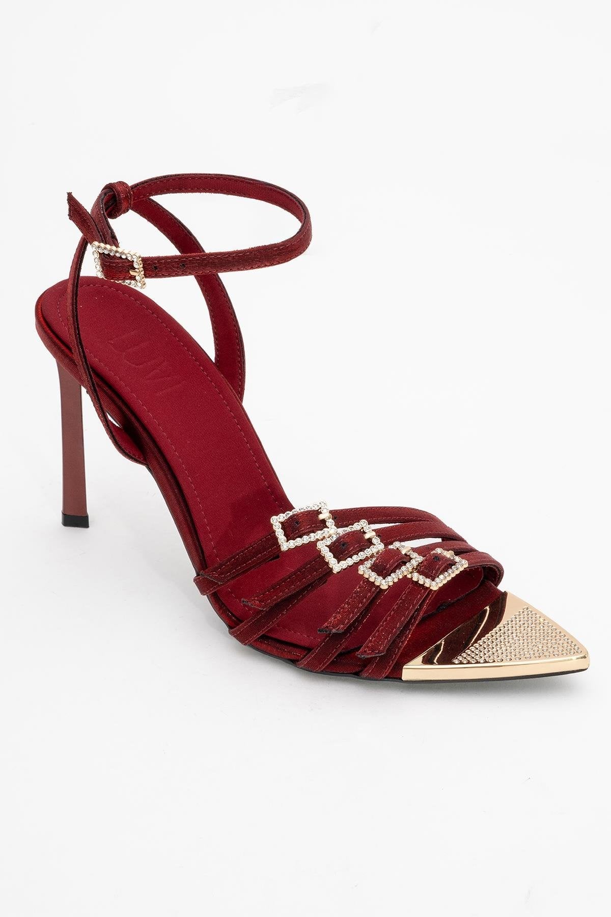Auro - Burgundy Satin Embellished Buckled High Heel Pump (Women)