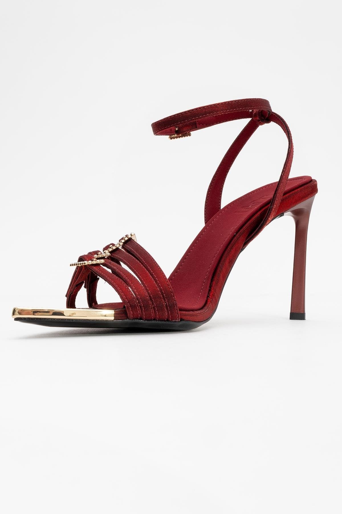 Auro - Burgundy Satin Embellished Buckled High Heel Pump (Women)