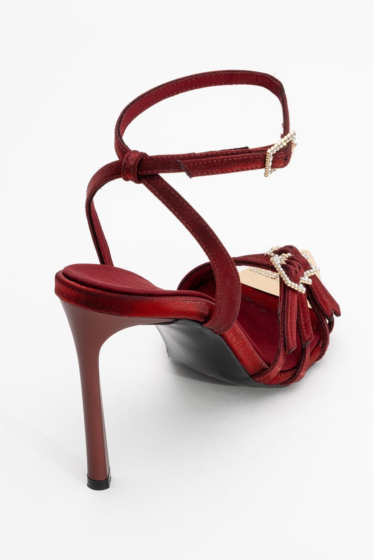 Auro - Burgundy Satin Embellished Buckled High Heel Pump (Women)