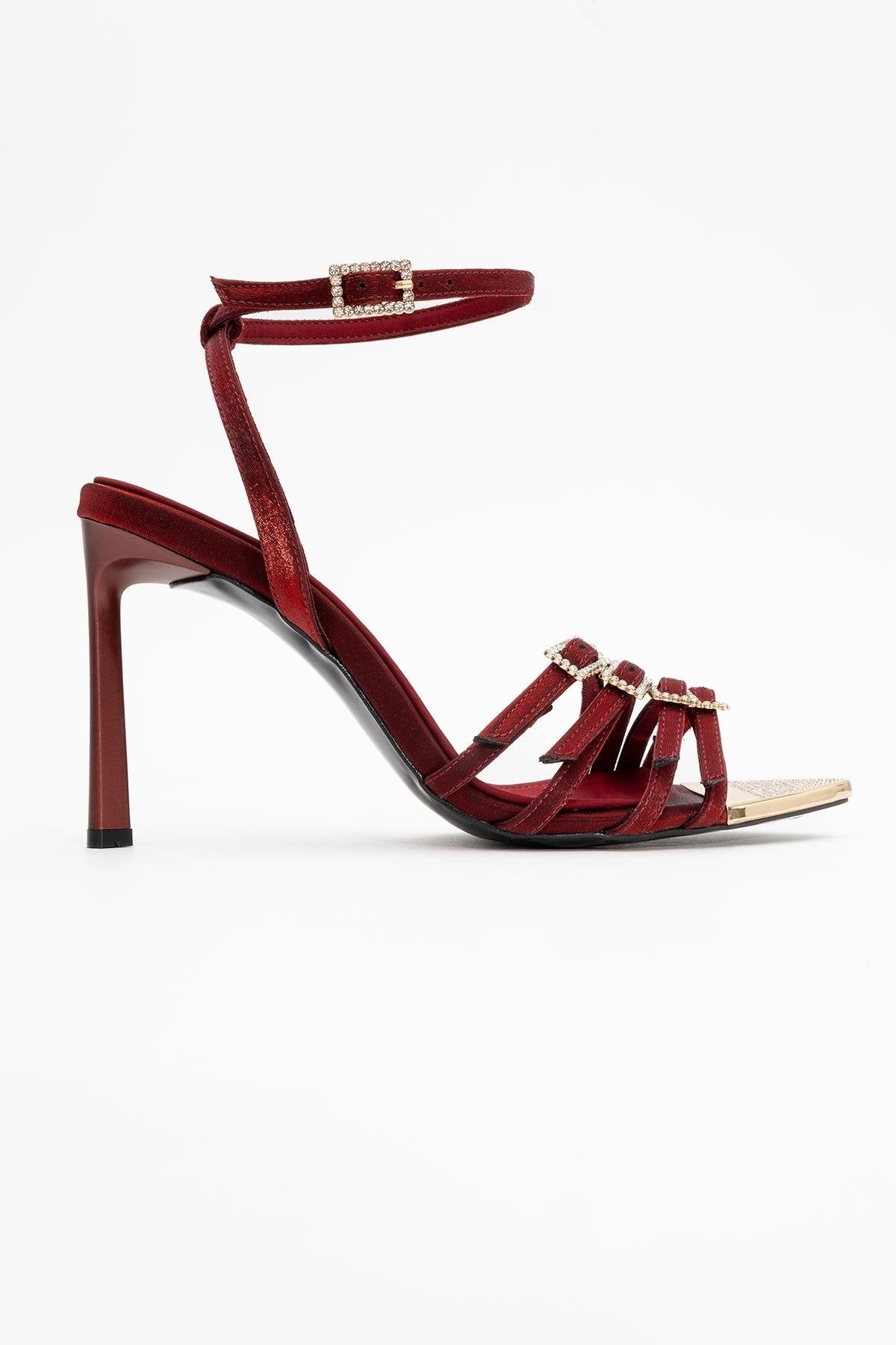Auro - Burgundy Satin Embellished Buckled High Heel Pump (Women)