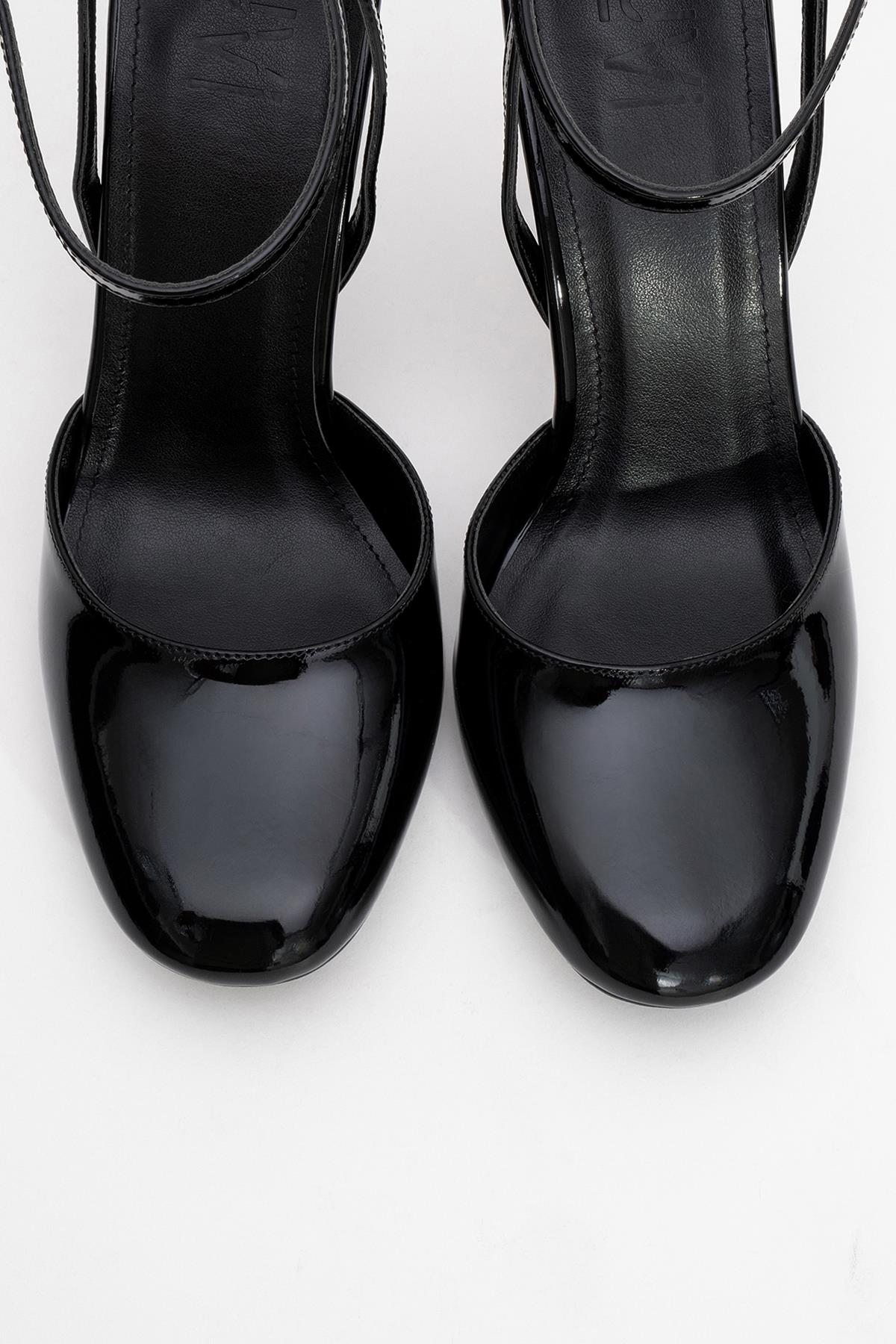 Blues - Black Patent Round Toe Ankle-Tie High Heel (Women)