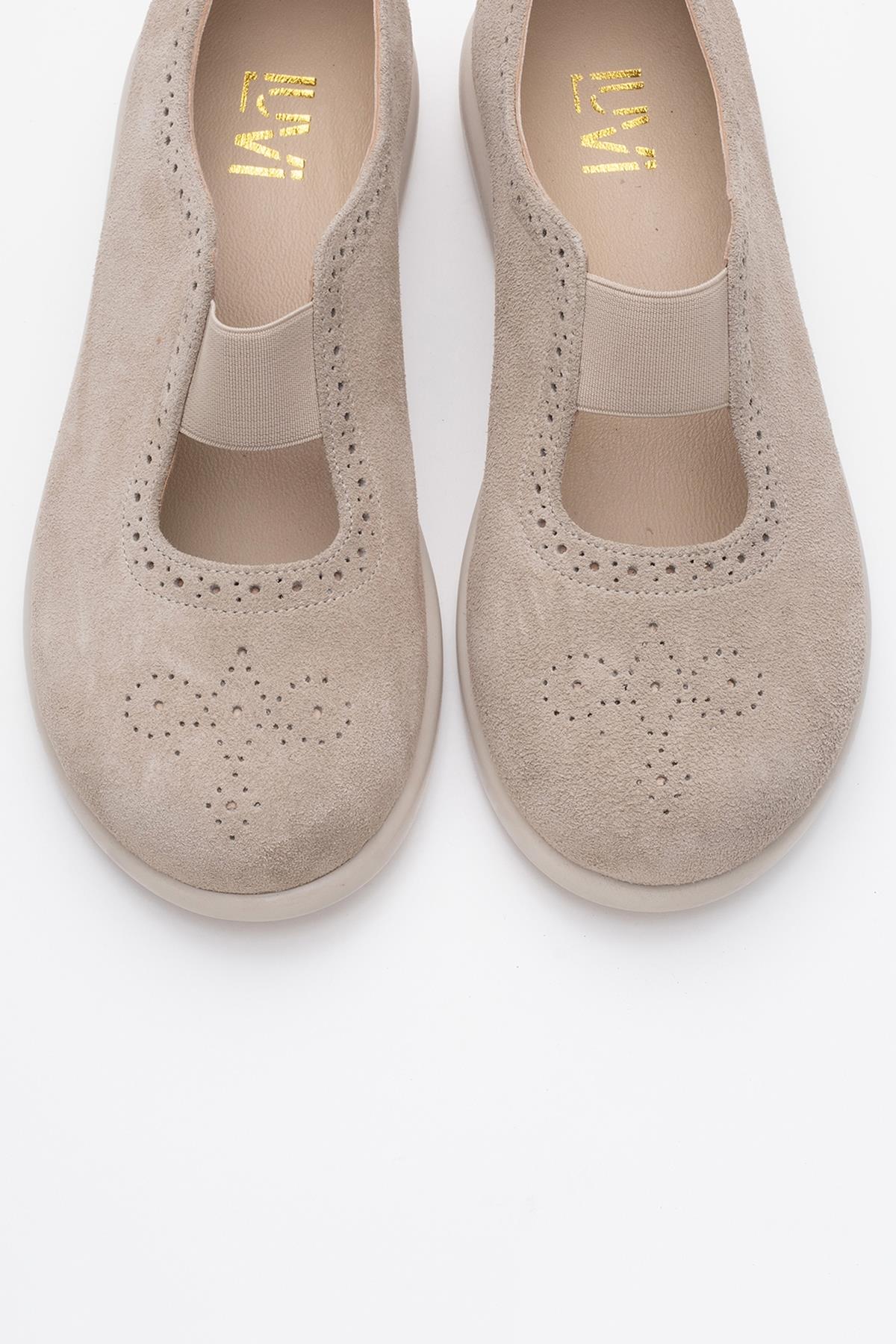 CHELLE Beige Suede Elastic Leather Flat (Women)