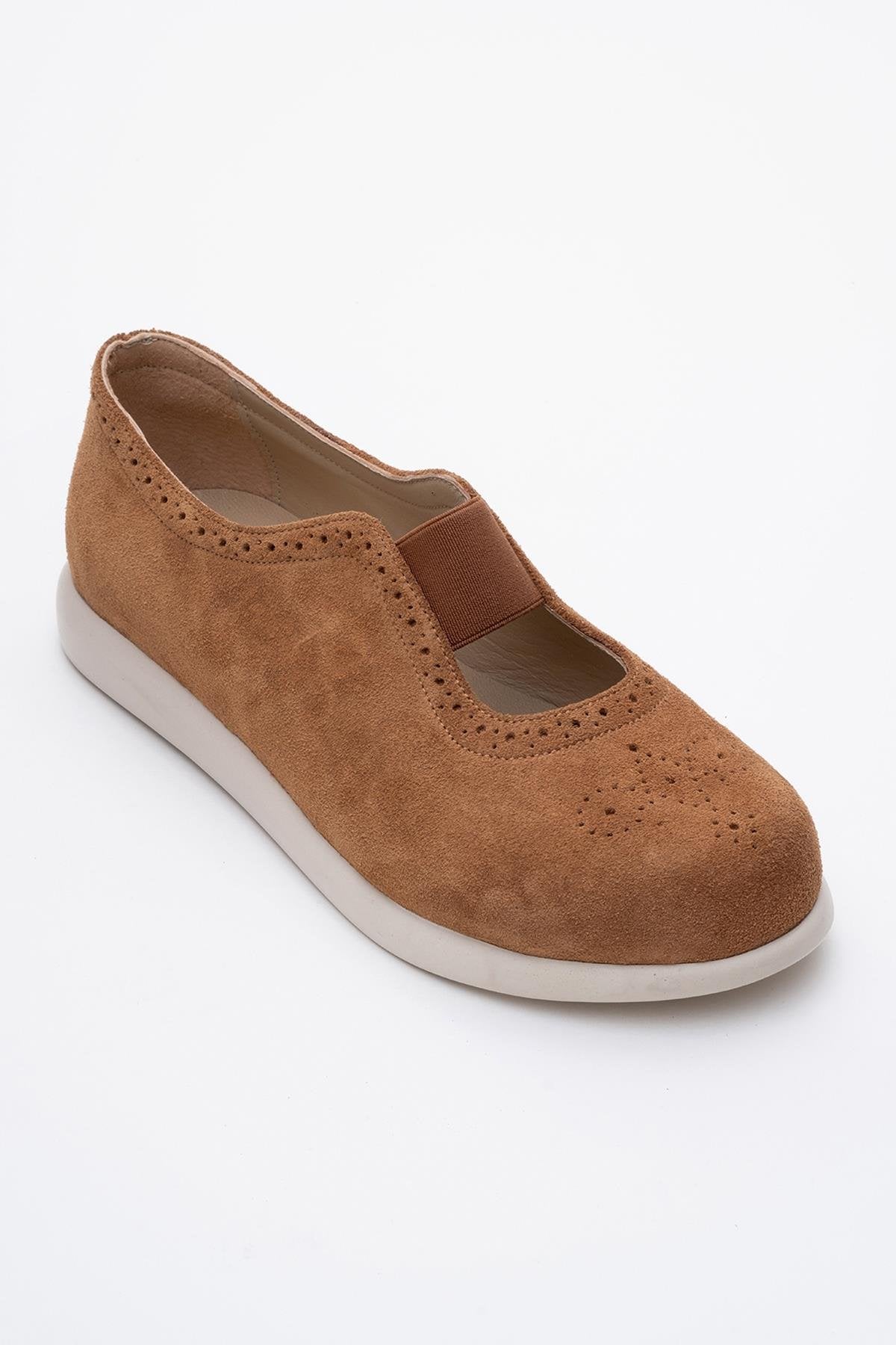 CHELLE Cognac Brown Suede Elastic Leather Flat (Women)