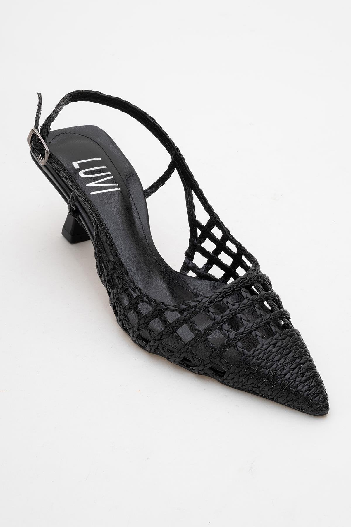 Heaven - Black Knitted Open-Back Slingback Low Heel Shoe (Women)
