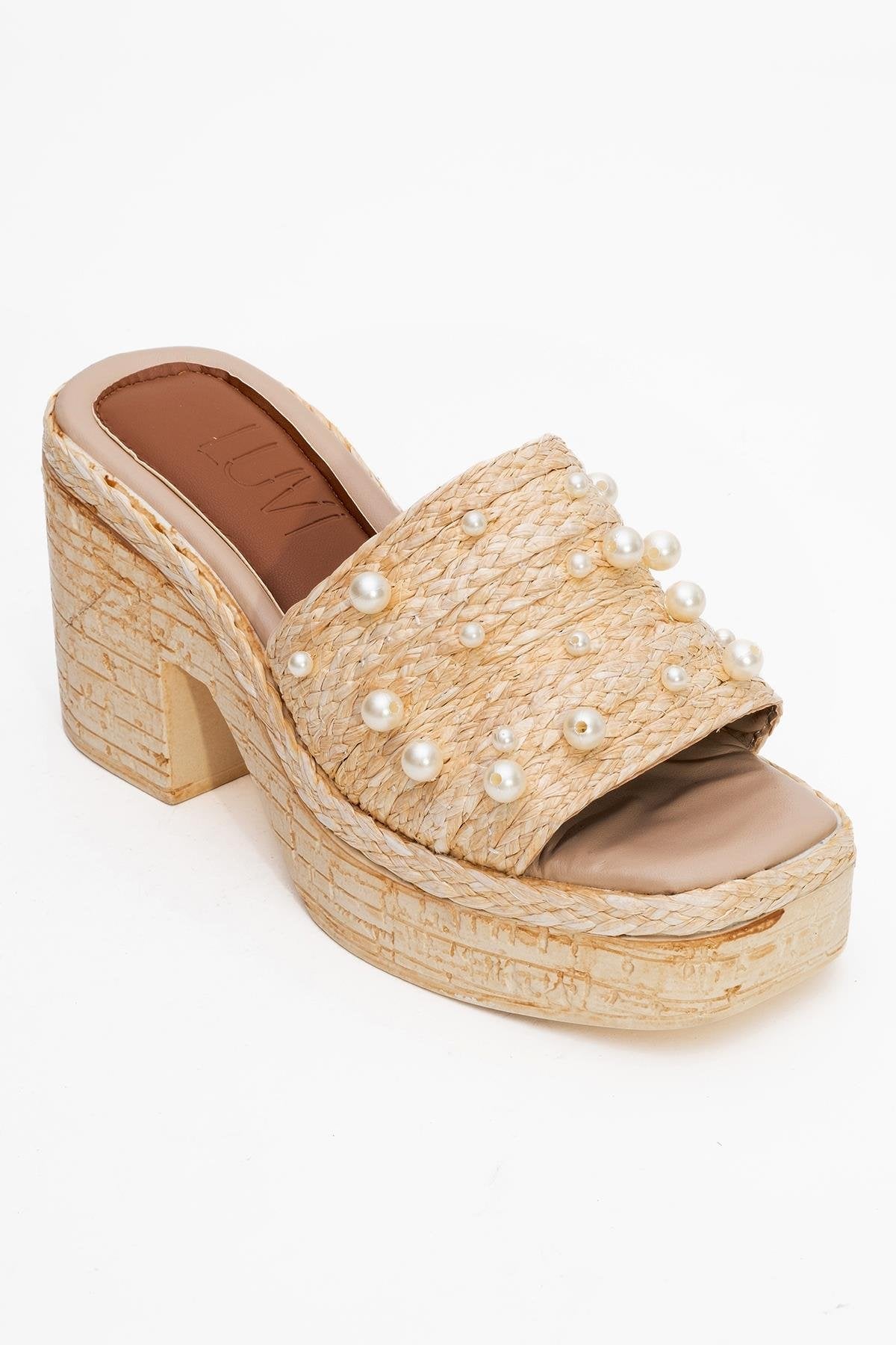 Rayne - Beige Straw Pearl Platform Heel Mule (Women)