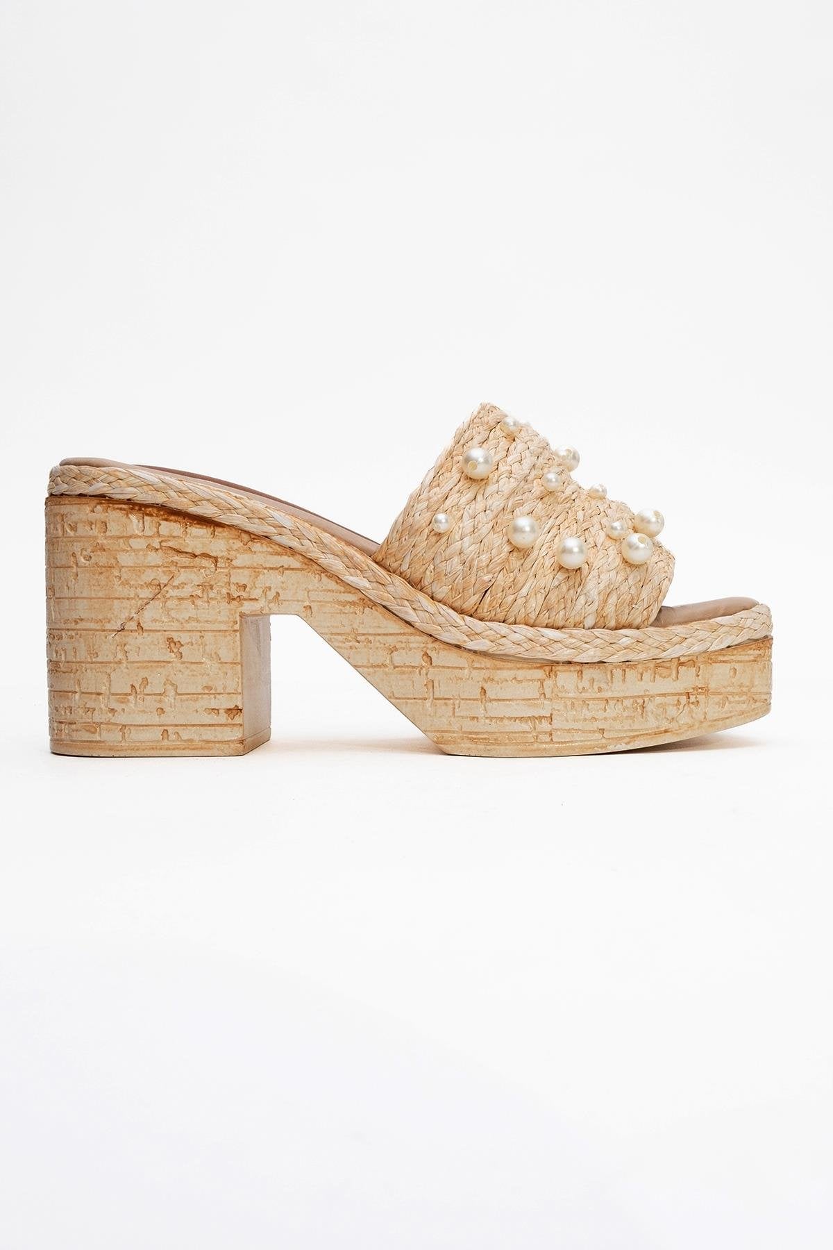 Rayne - Beige Straw Pearl Platform Heel Mule (Women)
