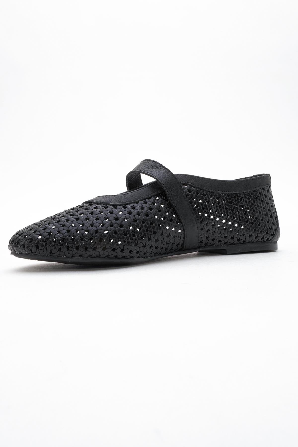MIRELLA Black Braided Leather Ballet Flats (Women)