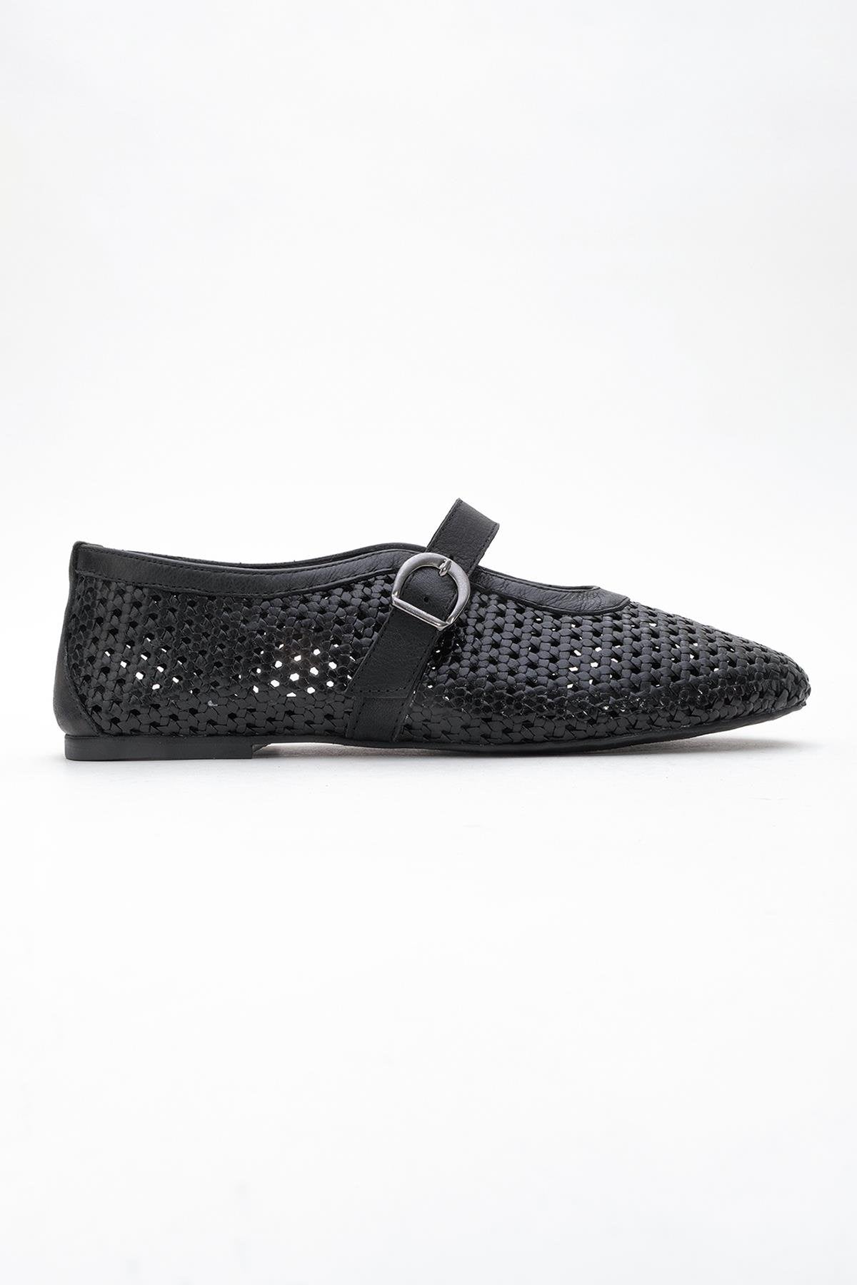MIRELLA Black Braided Leather Ballet Flats (Women)