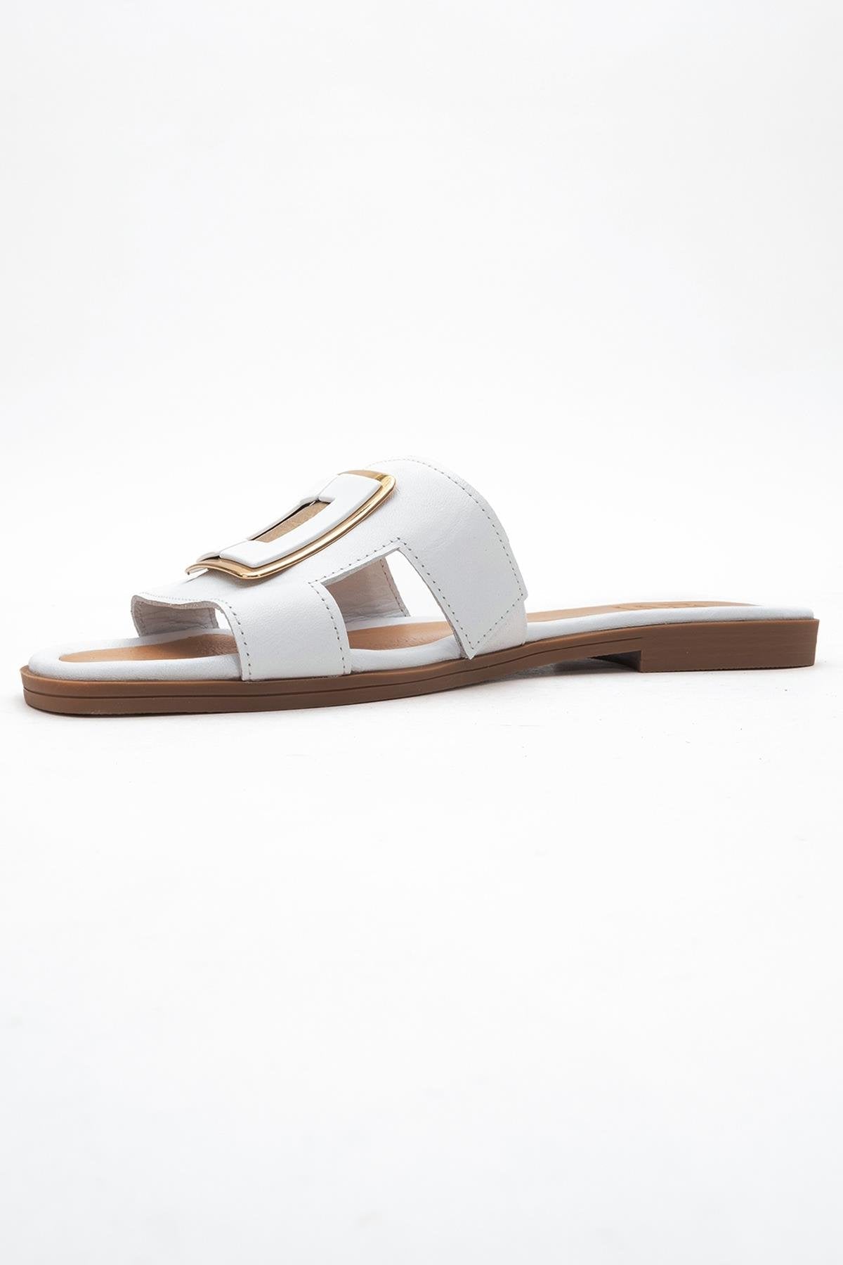 MILLIE White Leather Buckle Slide (Women)
