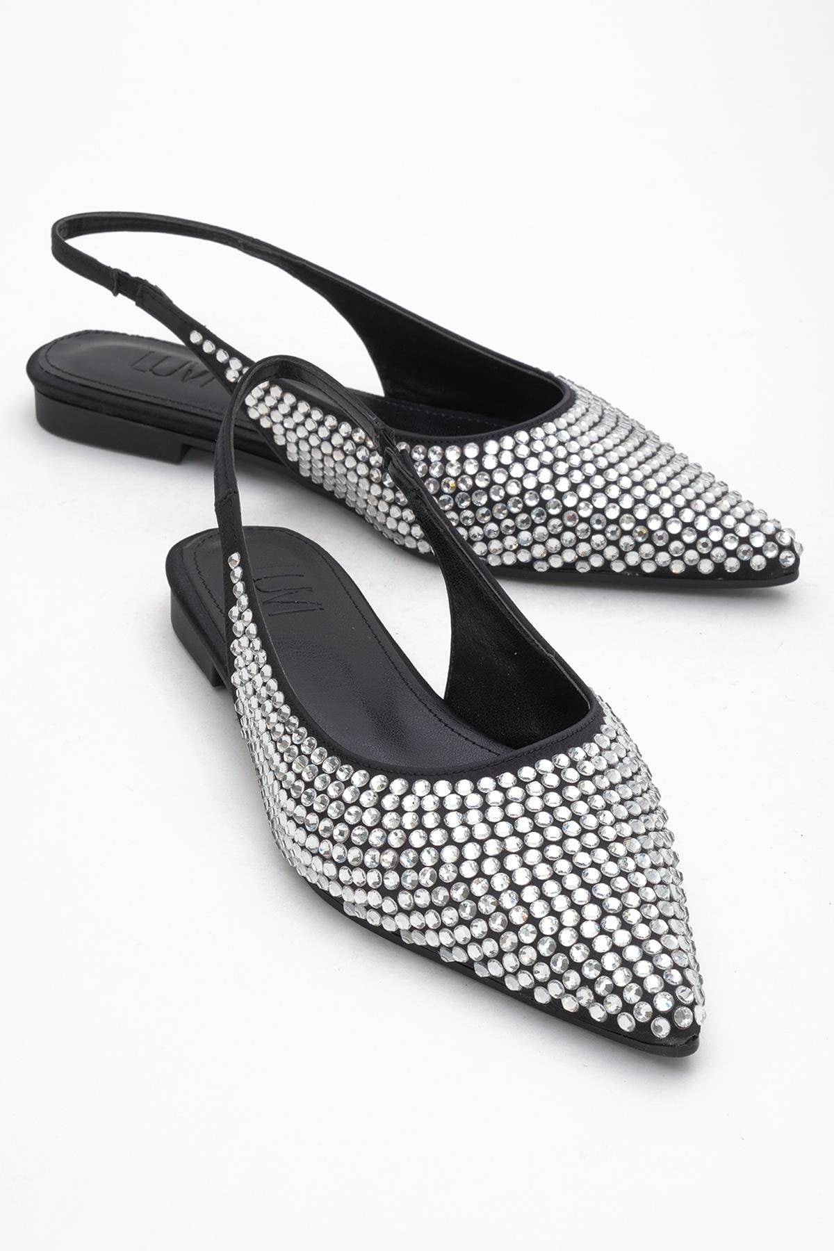 Ida - Black Silver Pointed Toe Slingback Ballerina Flat (Women)