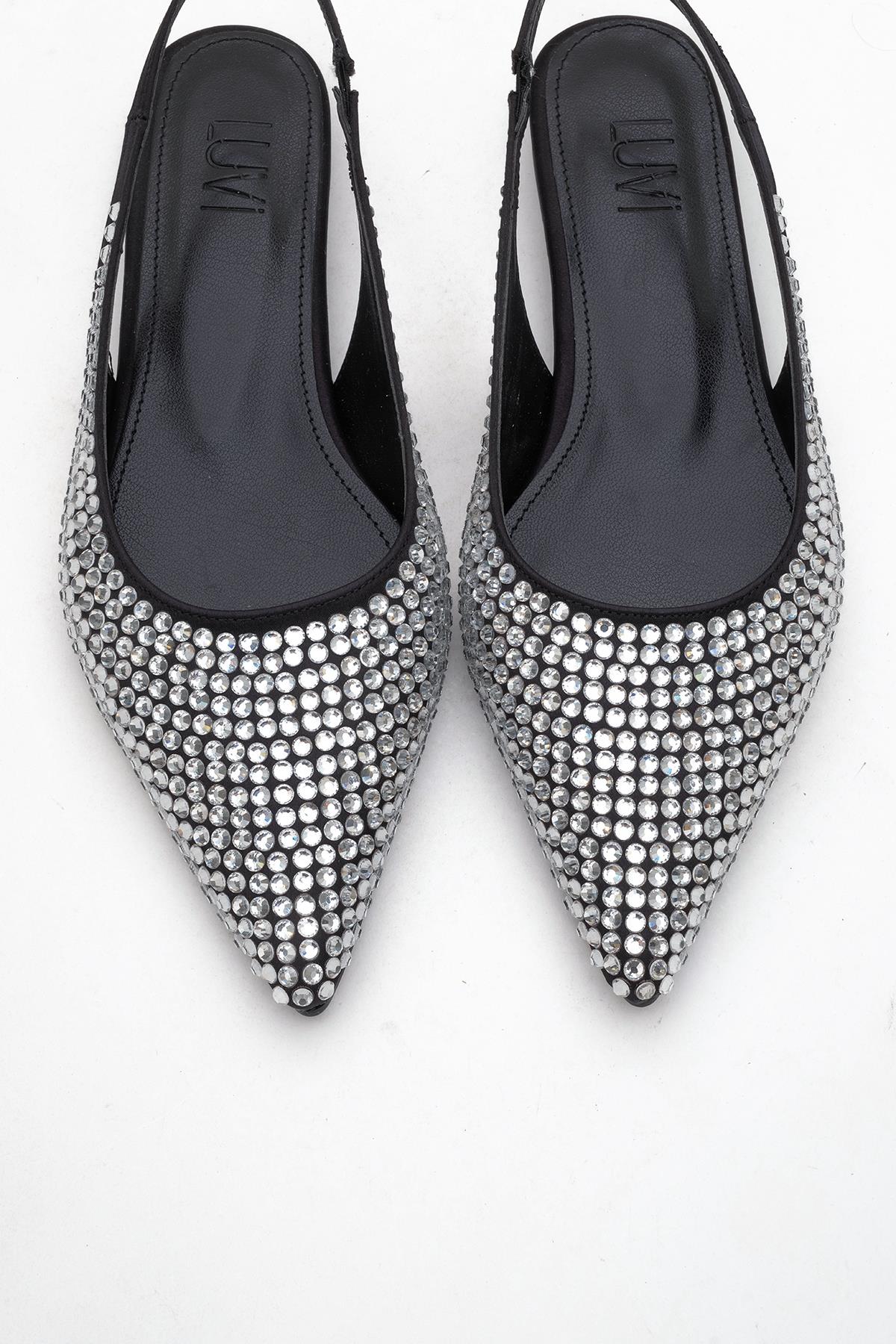 Ida - Black Silver Pointed Toe Slingback Ballerina Flat (Women)