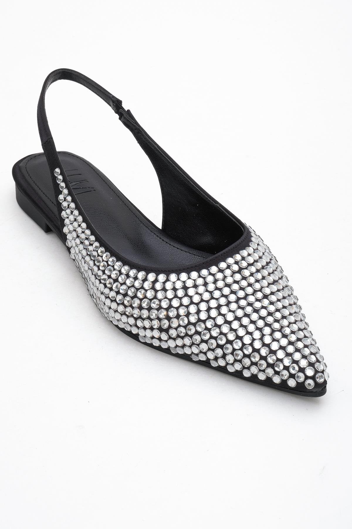 Ida - Black Silver Pointed Toe Slingback Ballerina Flat (Women)