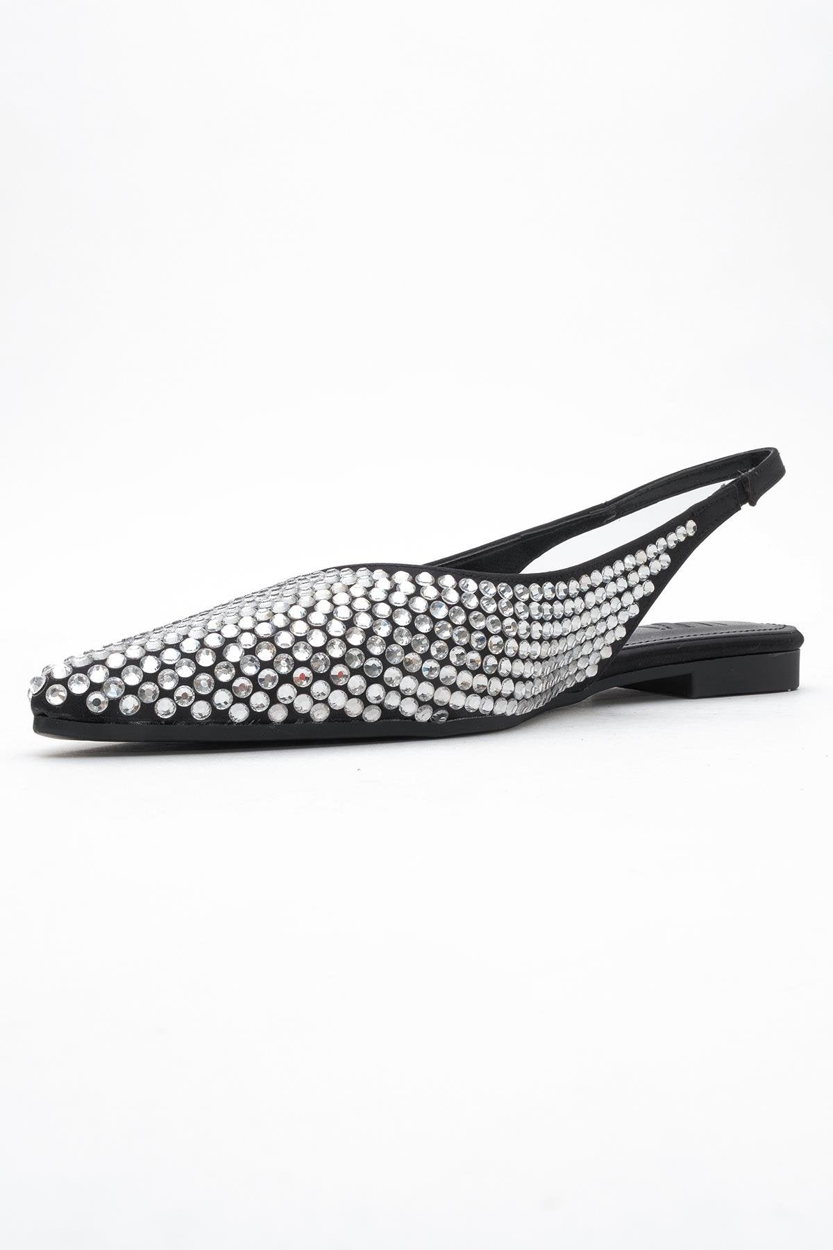 Ida - Black Silver Pointed Toe Slingback Ballerina Flat (Women)