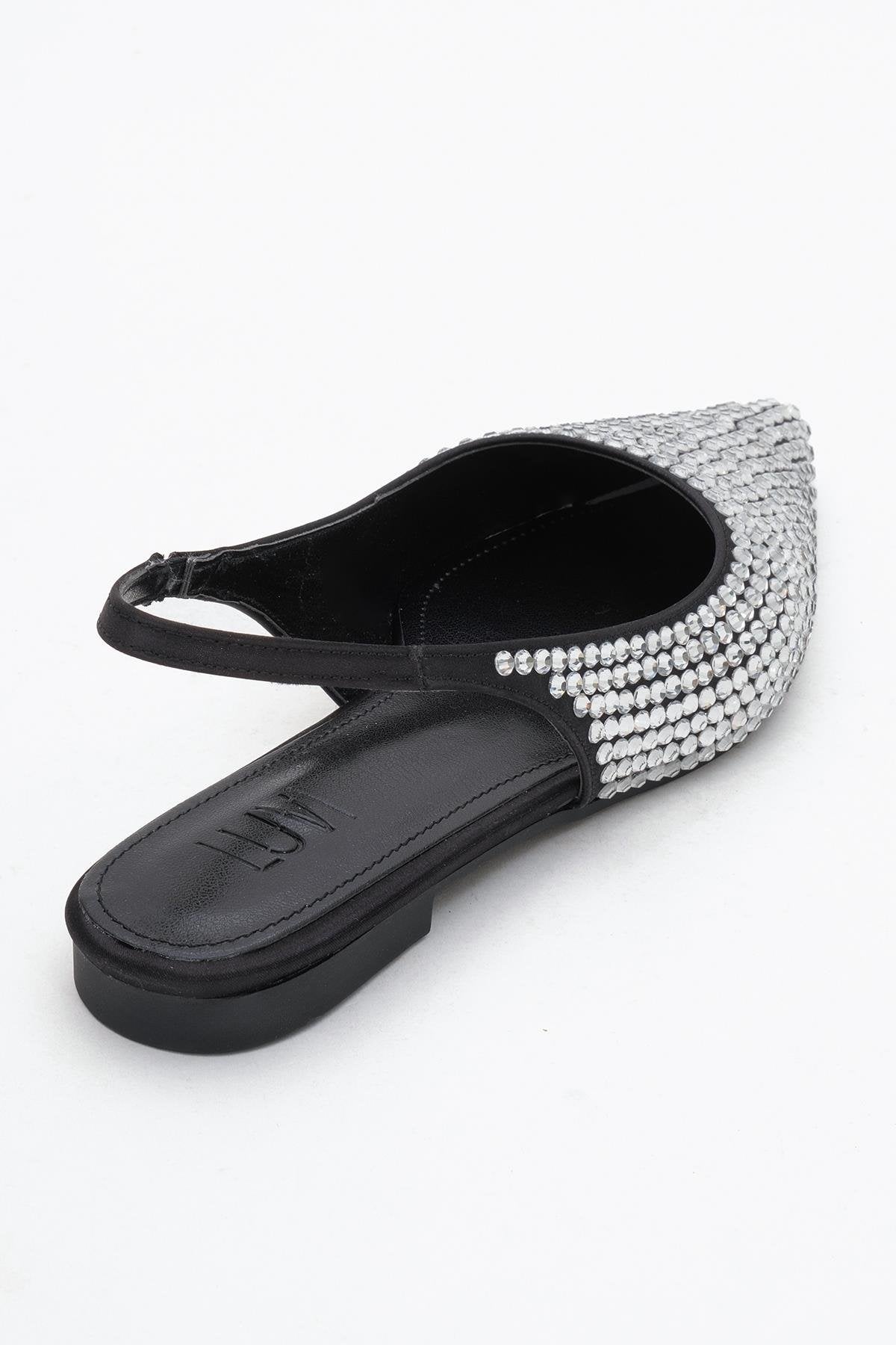 Ida - Black Silver Pointed Toe Slingback Ballerina Flat (Women)
