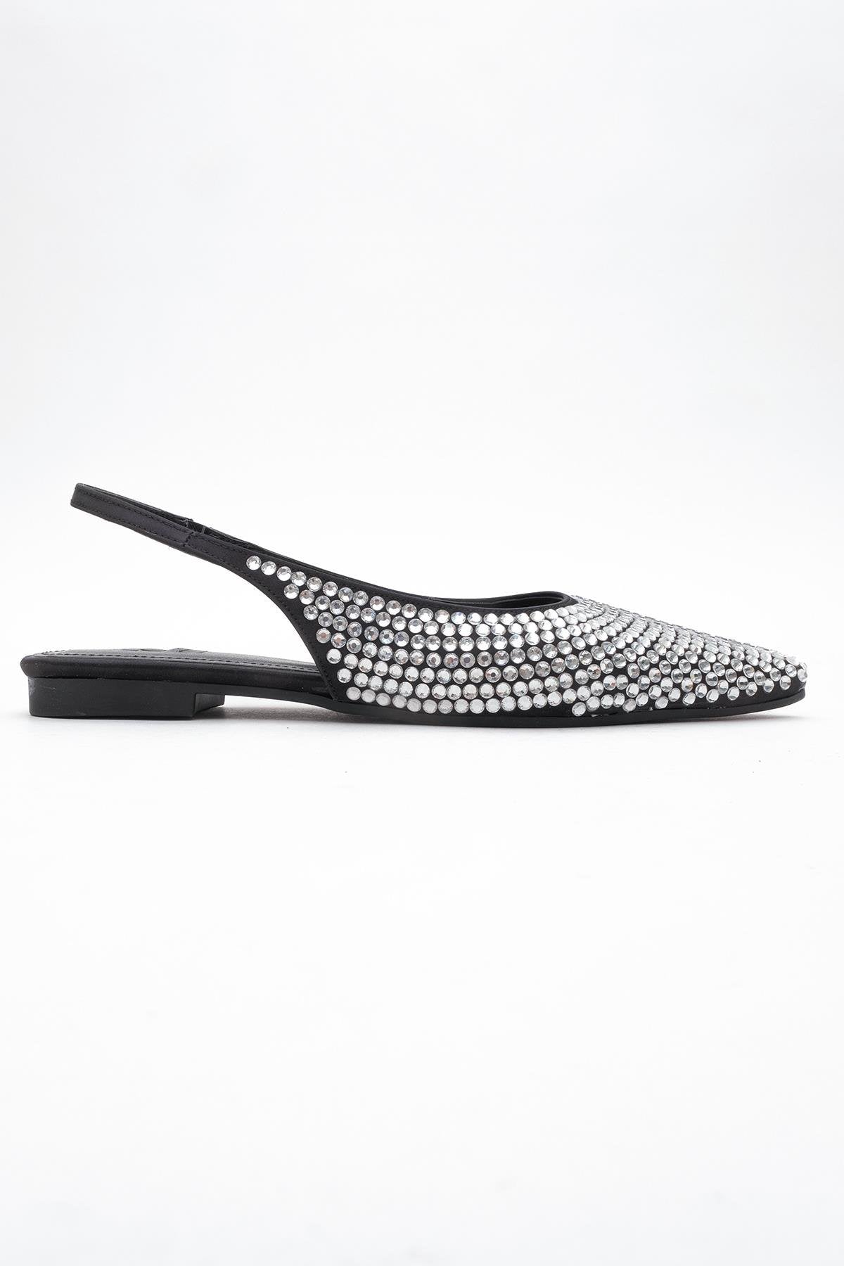 Ida - Black Silver Pointed Toe Slingback Ballerina Flat (Women)
