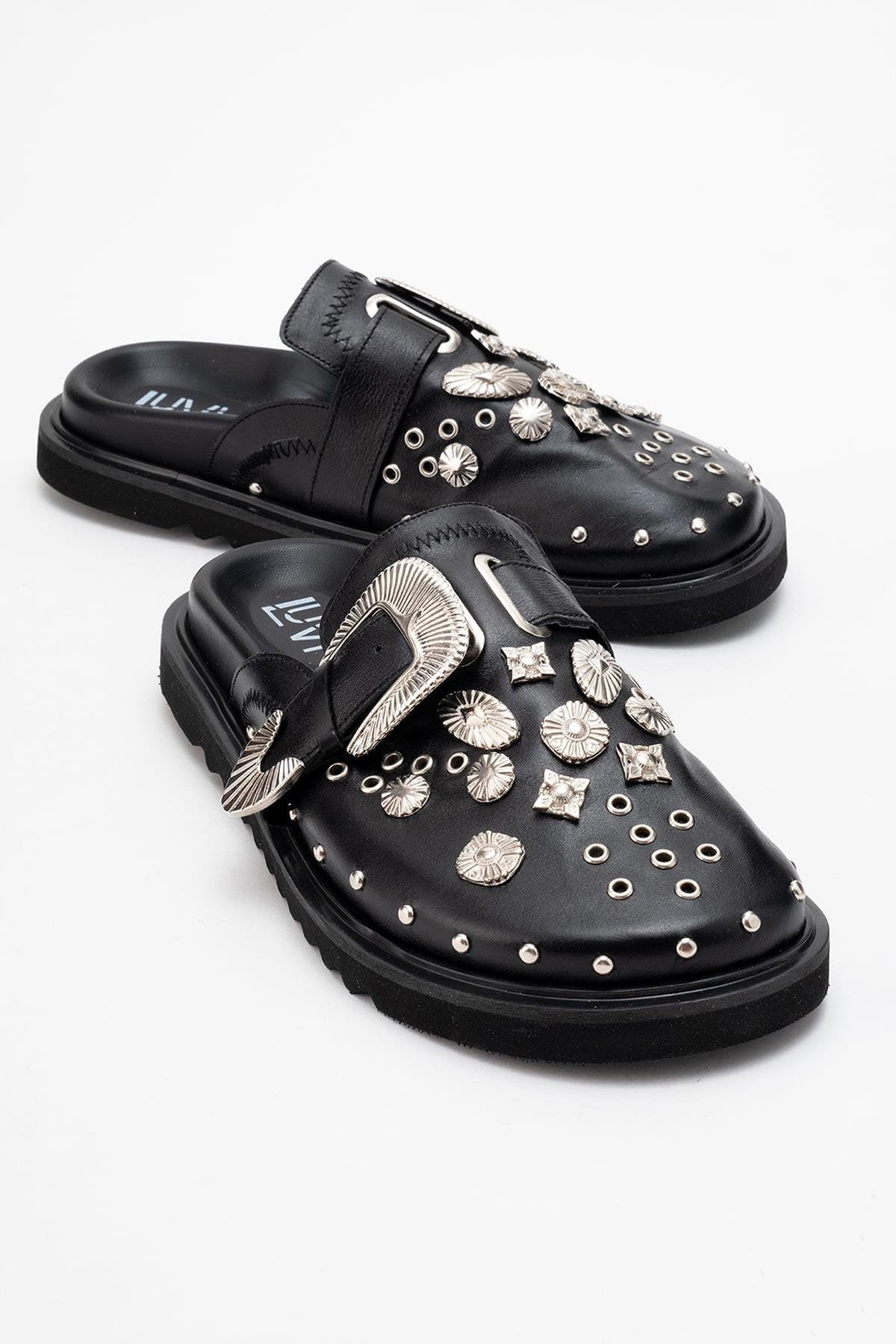Maril Black Leather Buckle Slide (Women)