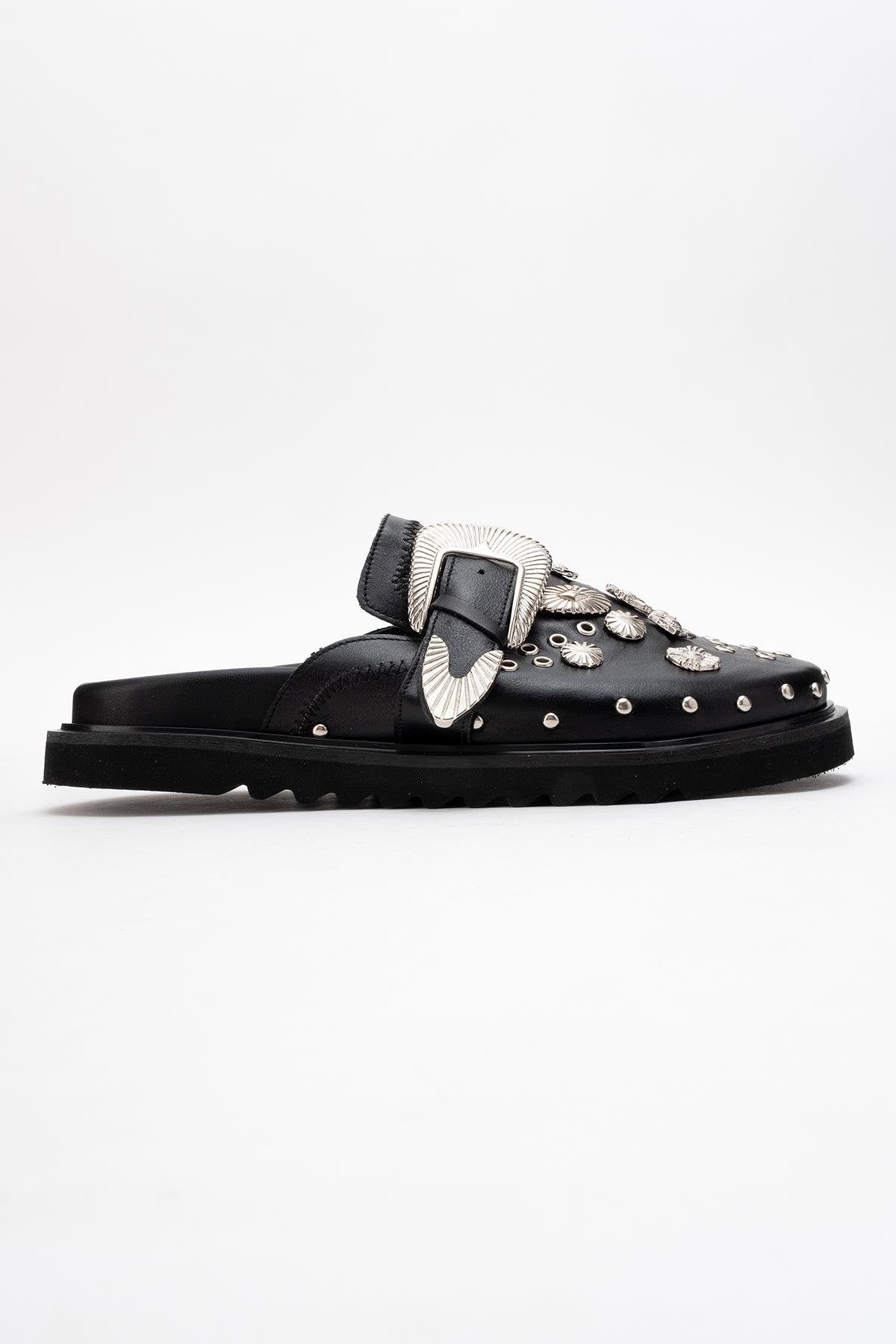 Maril Black Leather Buckle Slide (Women)