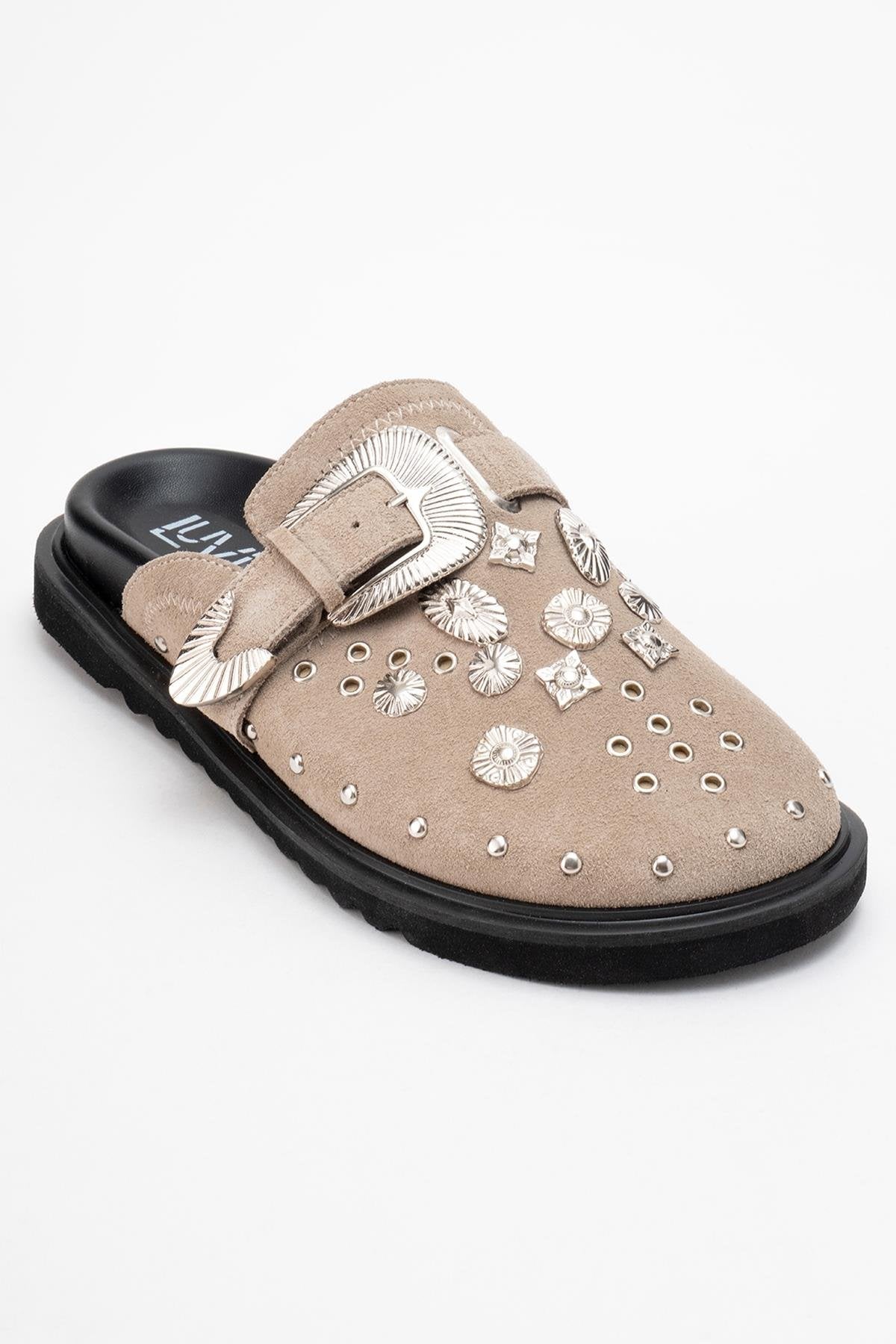 Maril Beige Suede Leather Buckle Slide (Women)