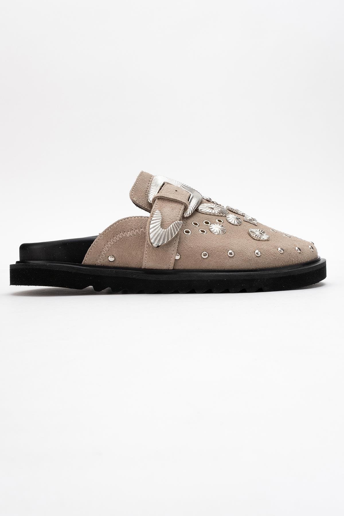 Maril Beige Suede Leather Buckle Slide (Women)