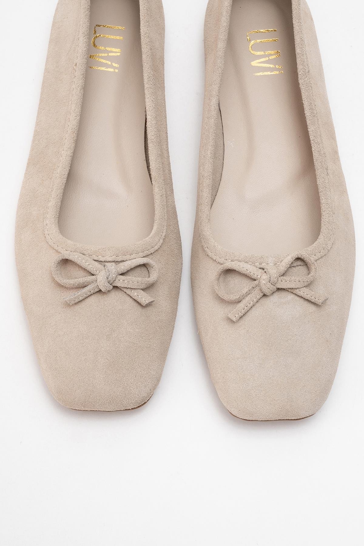 Sosa - Beige Suede Genuine Leather Square Toe Bow Ballet Flat (Women)