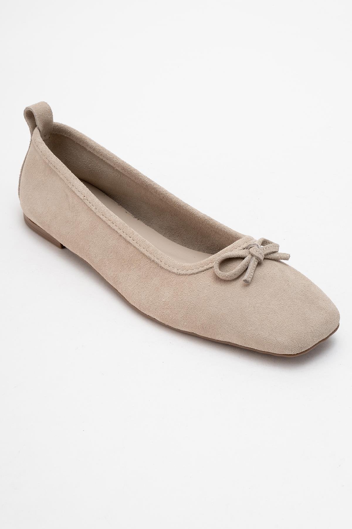 Sosa - Beige Suede Genuine Leather Square Toe Bow Ballet Flat (Women)