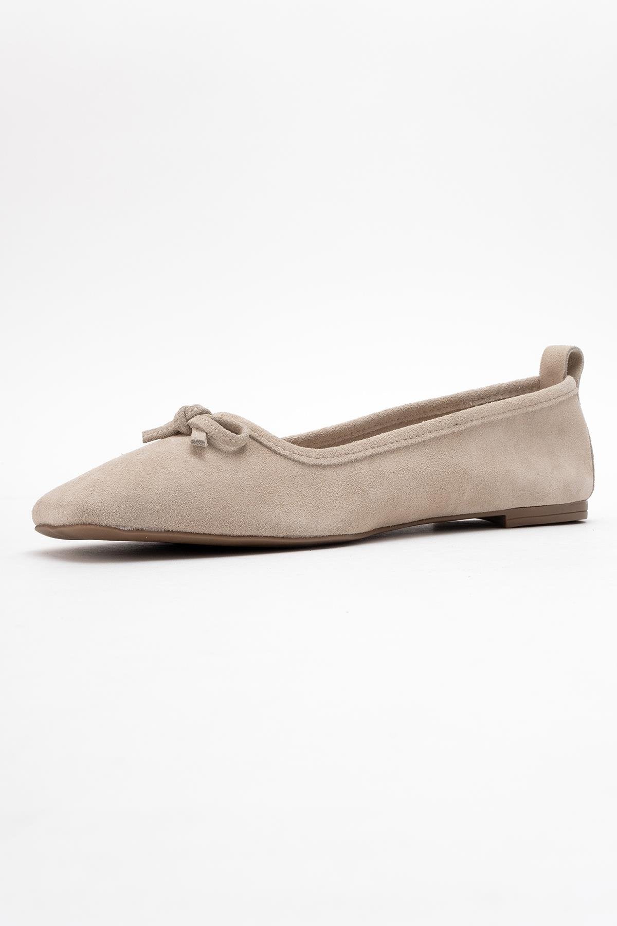 Sosa - Beige Suede Genuine Leather Square Toe Bow Ballet Flat (Women)