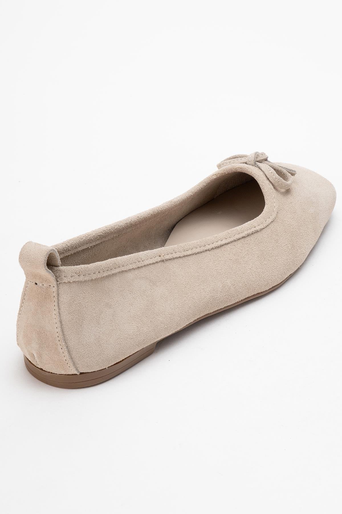 Sosa - Beige Suede Genuine Leather Square Toe Bow Ballet Flat (Women)