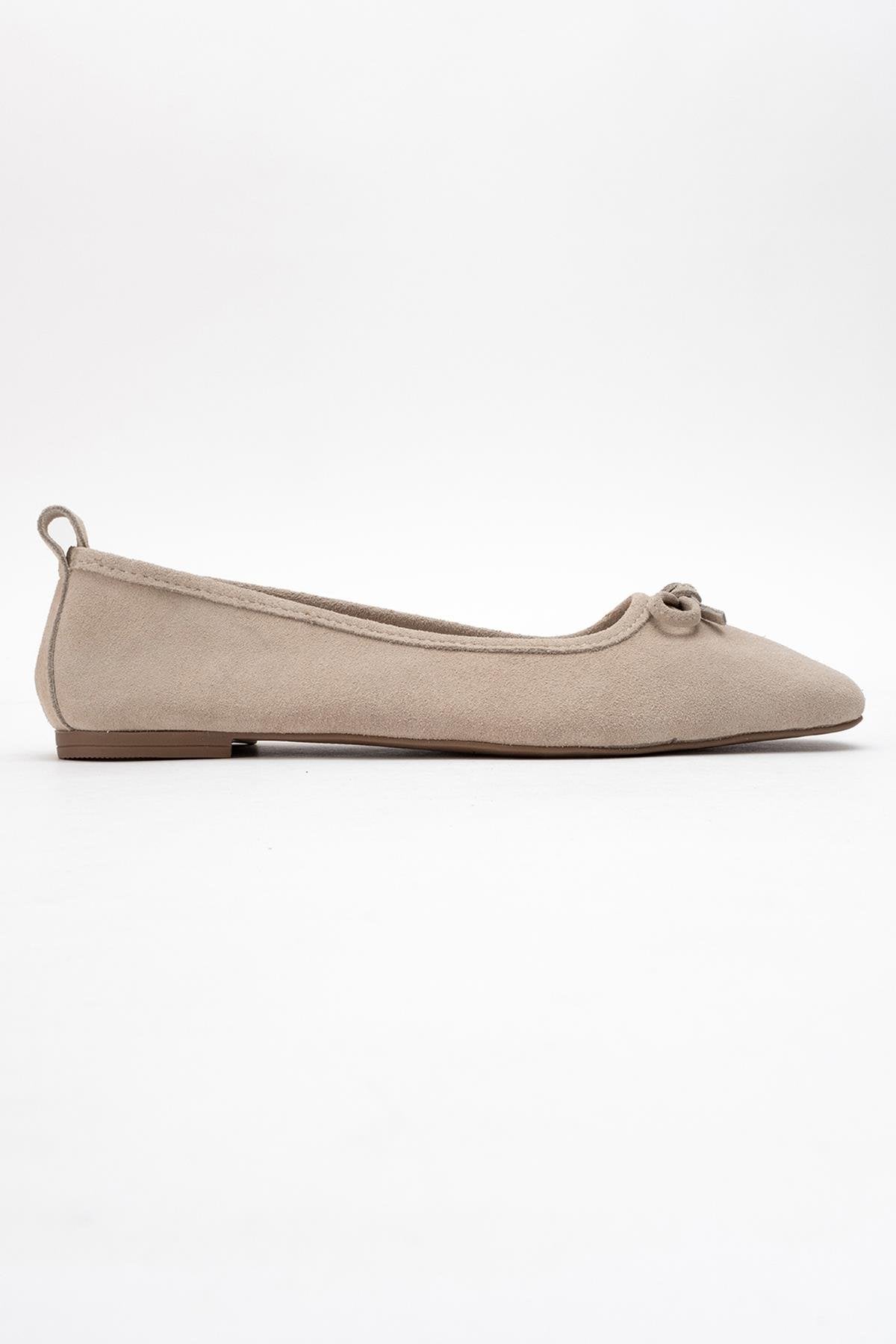 Sosa - Beige Suede Genuine Leather Square Toe Bow Ballet Flat (Women)