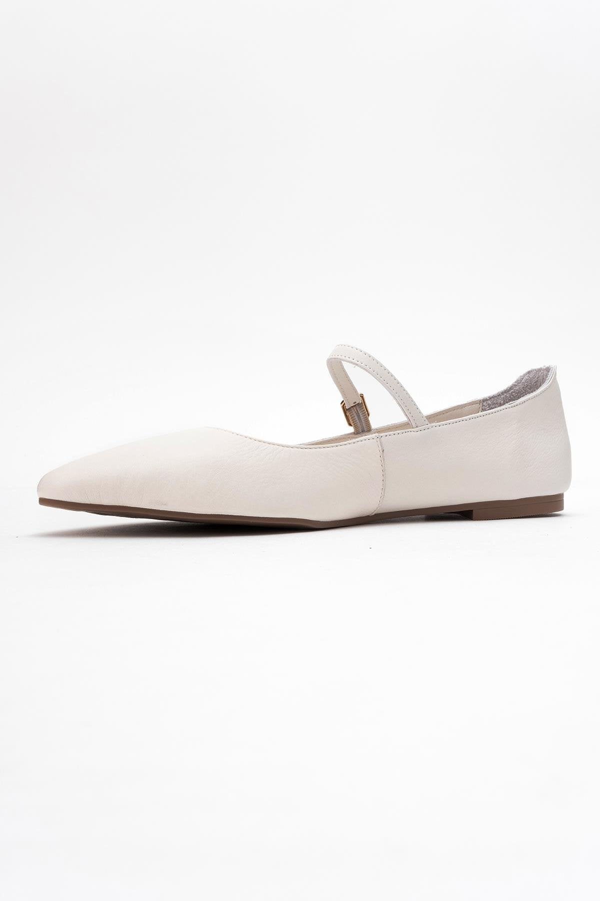 Lunaire - Off-White Genuine Leather Single Strap Pointed Toe Ballet Flat (Women)