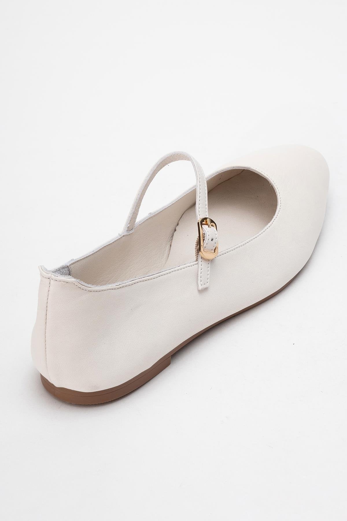 Lunaire - Off-White Genuine Leather Single Strap Pointed Toe Ballet Flat (Women)