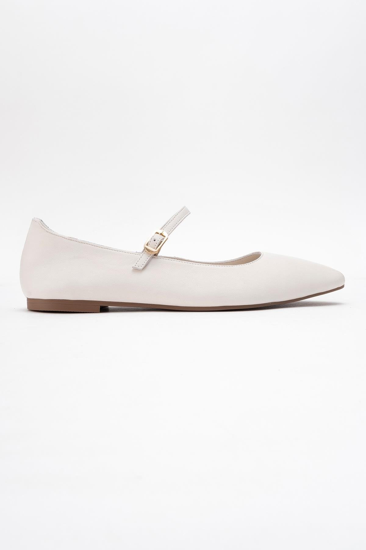 Lunaire - Off-White Genuine Leather Single Strap Pointed Toe Ballet Flat (Women)
