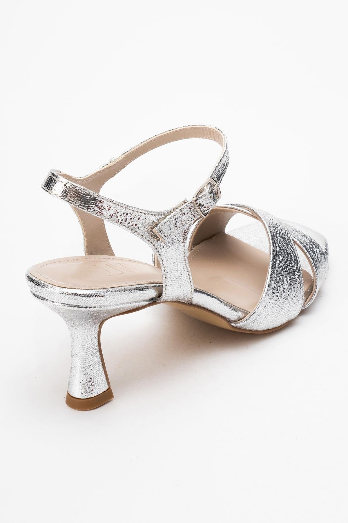 Melin - Silver Patterned Cross-Strap Heeled Shoe (Women)