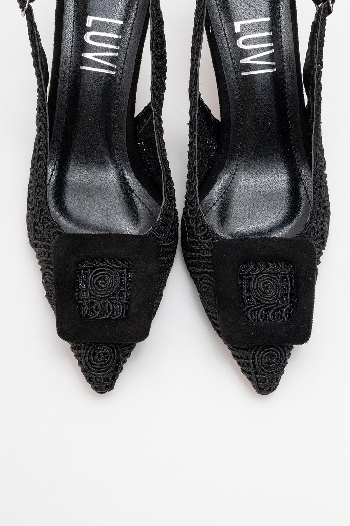 Ensley - Black Knitted Buckle-Detail Backless High Heel Shoe (Women)