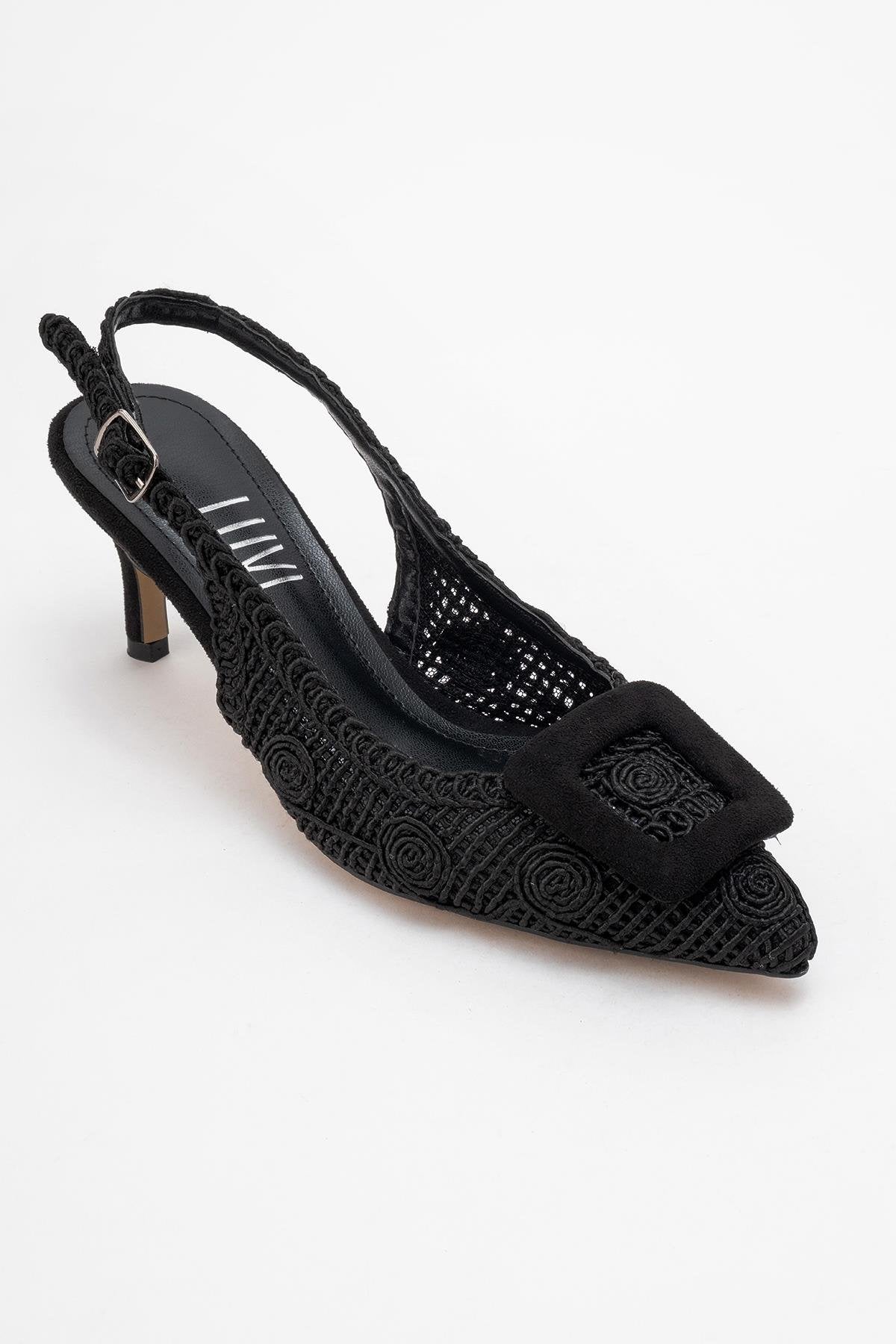 Ensley - Black Knitted Buckle-Detail Backless High Heel Shoe (Women)