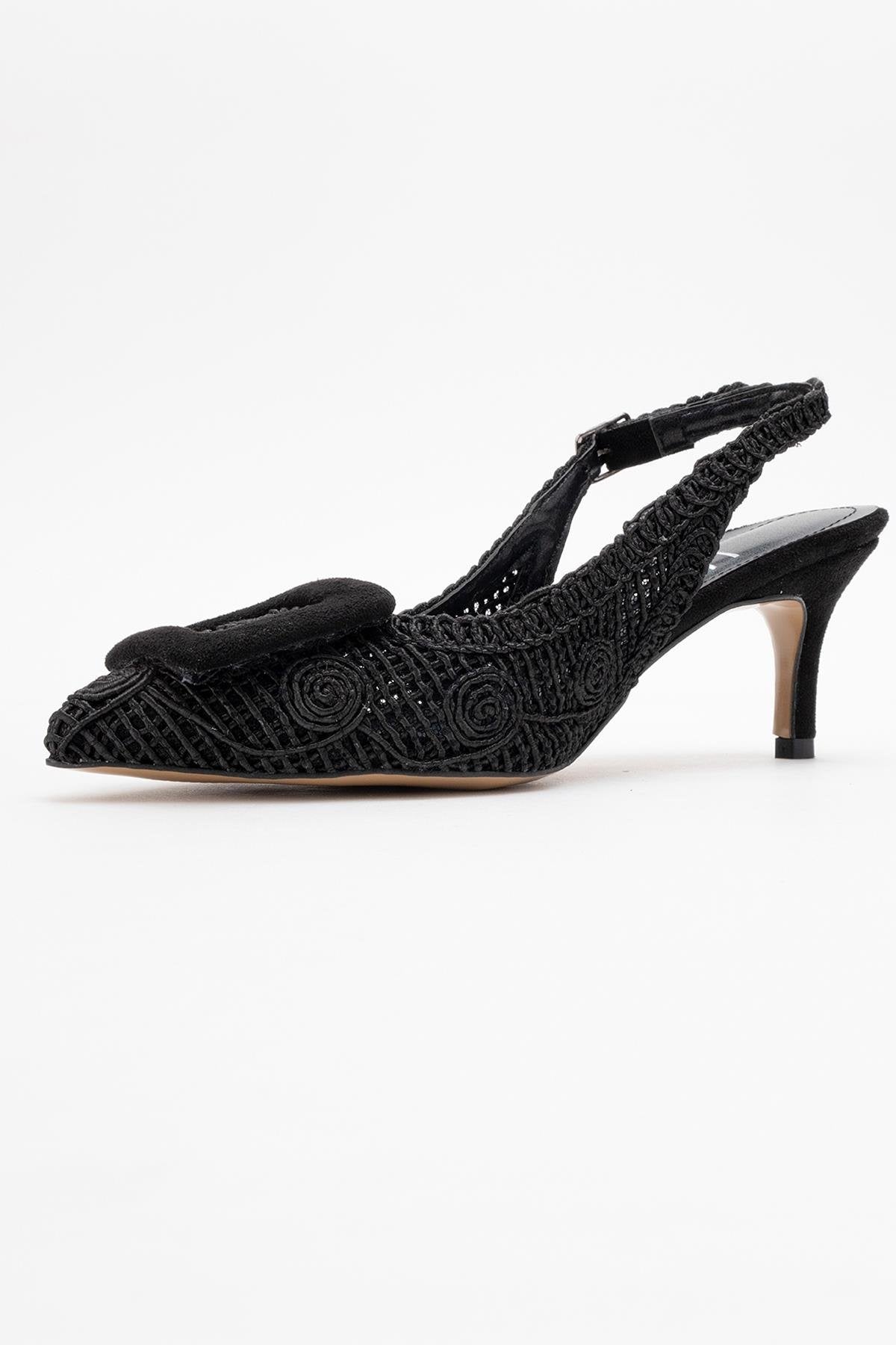 Ensley - Black Knitted Buckle-Detail Backless High Heel Shoe (Women)