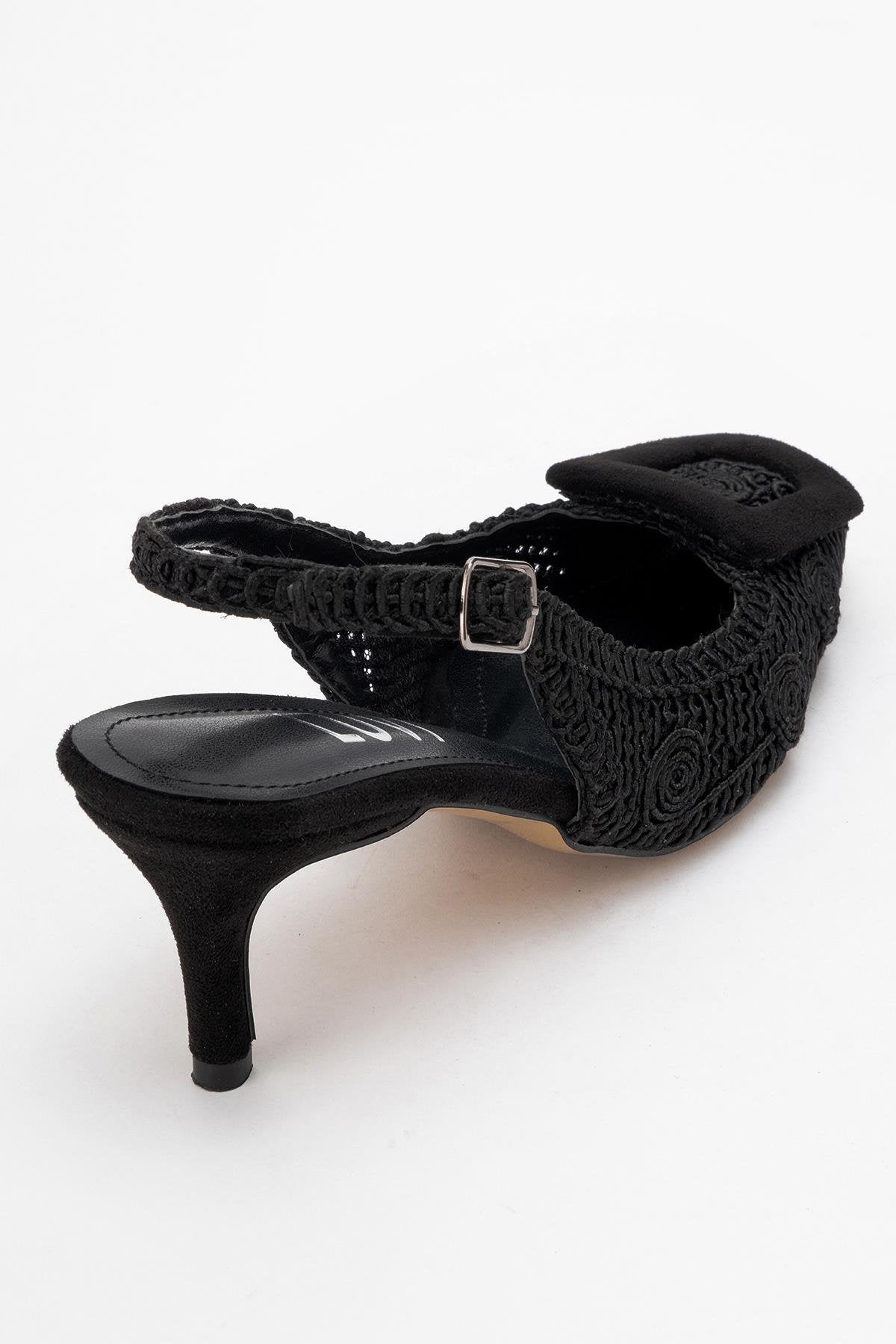 Ensley - Black Knitted Buckle-Detail Backless High Heel Shoe (Women)